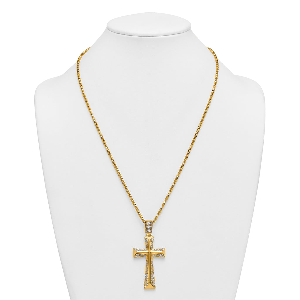Gold-Tone Polished Crystal Cross Stainless Steel Rolo Chain Necklace 24in