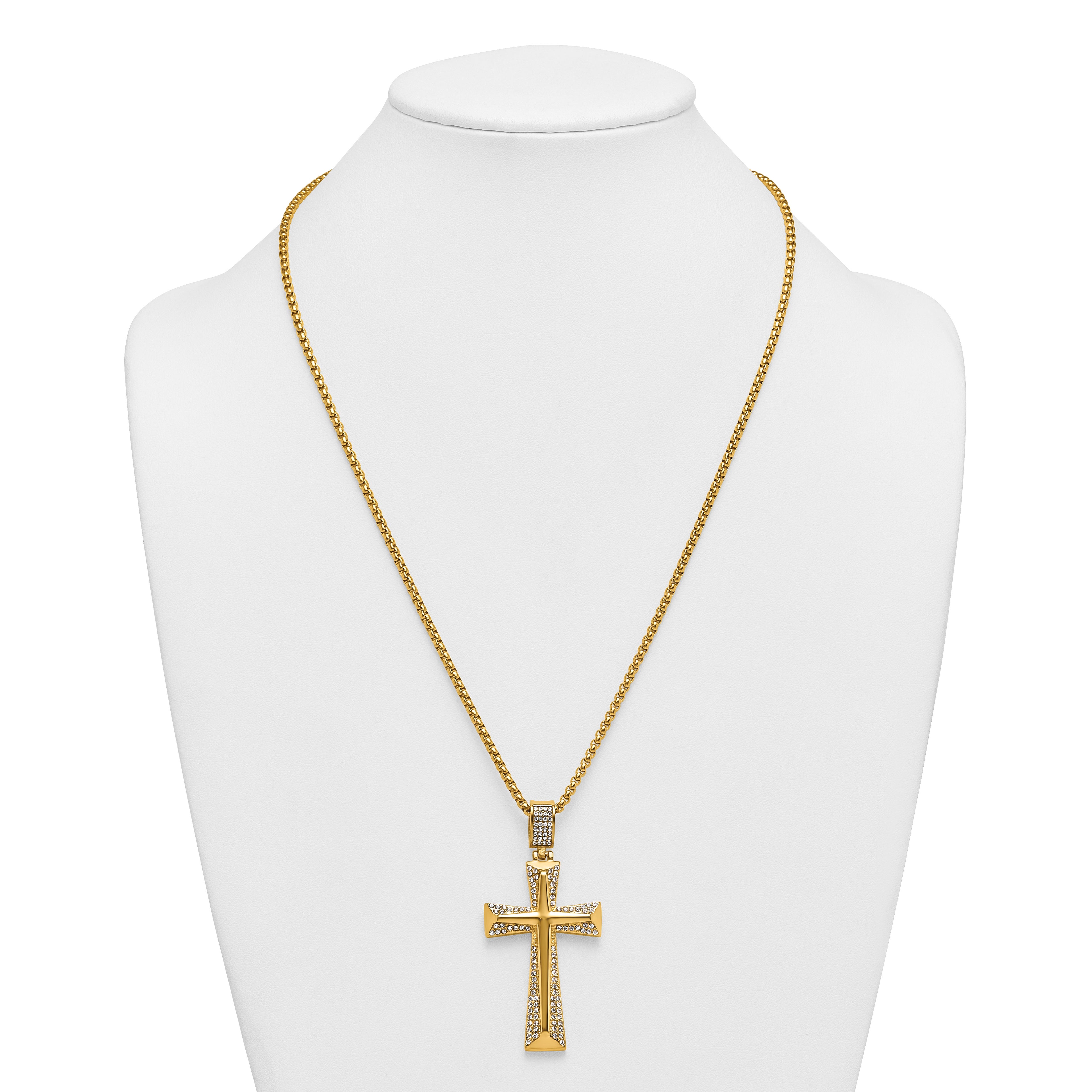 Gold-Tone Polished Crystal Cross Stainless Steel Rolo Chain Necklace 24in