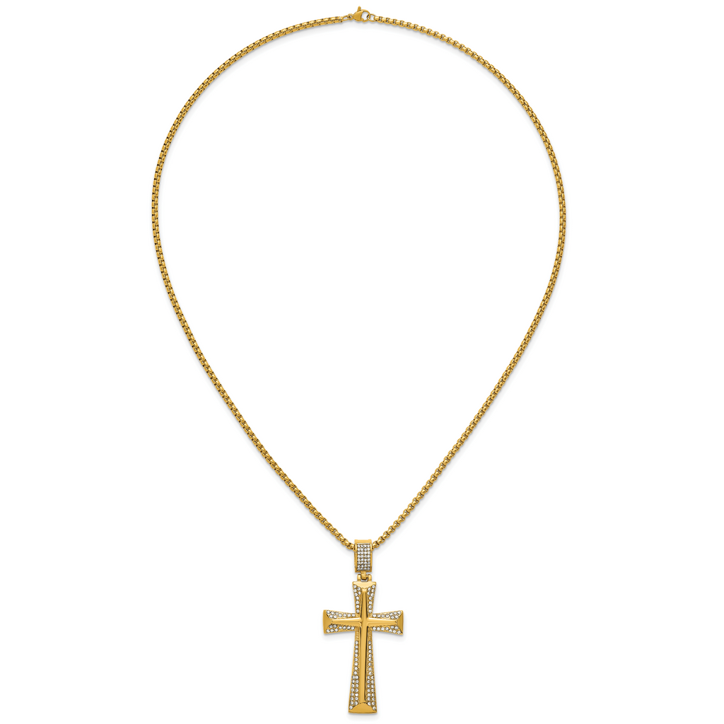 Gold-Tone Polished Crystal Cross Stainless Steel Rolo Chain Necklace 24in