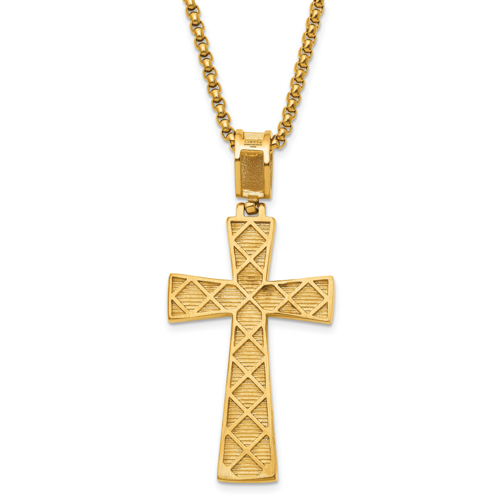 Gold-Tone Polished Crystal Cross Stainless Steel Rolo Chain Necklace 24in