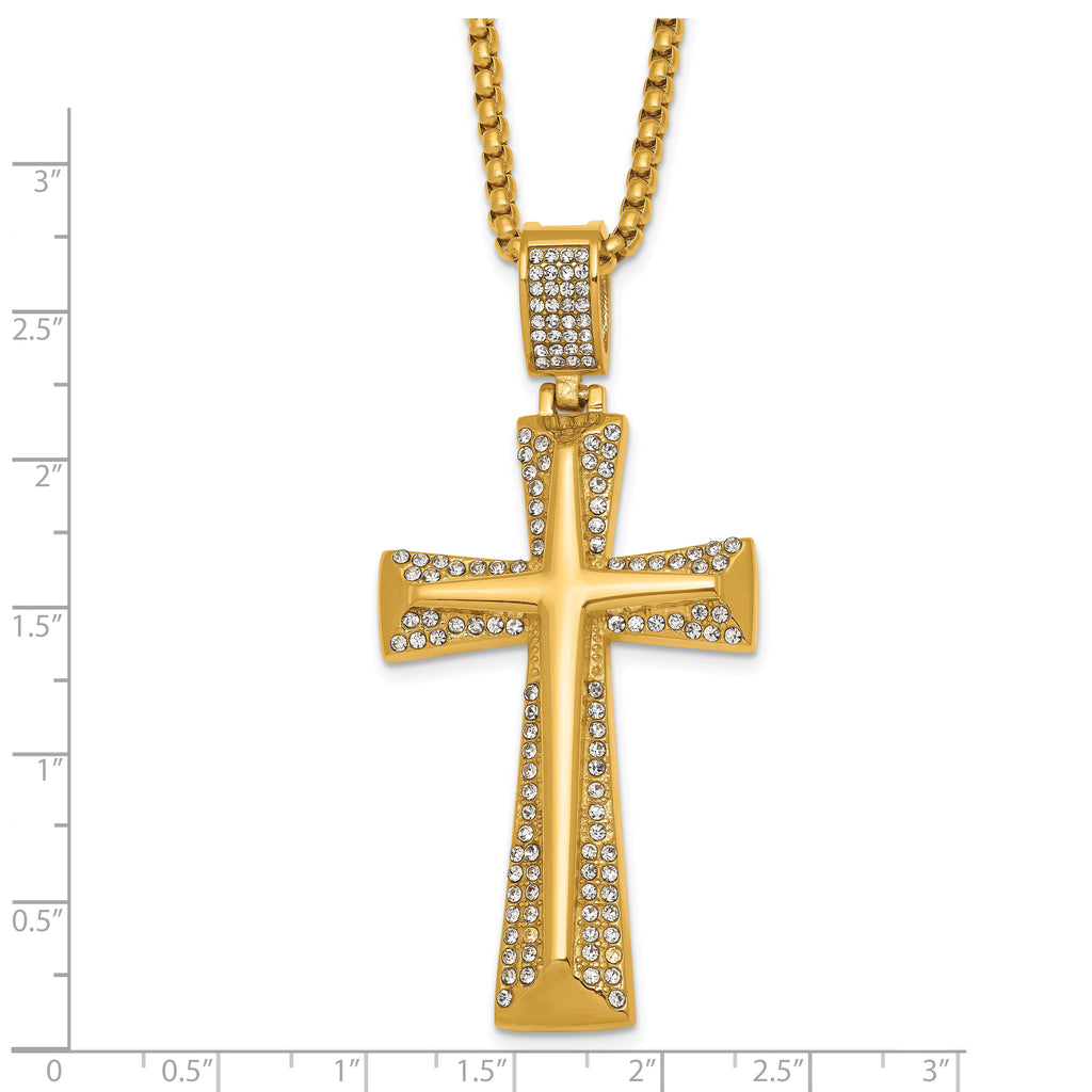 Gold-Tone Polished Crystal Cross Stainless Steel Rolo Chain Necklace 24in