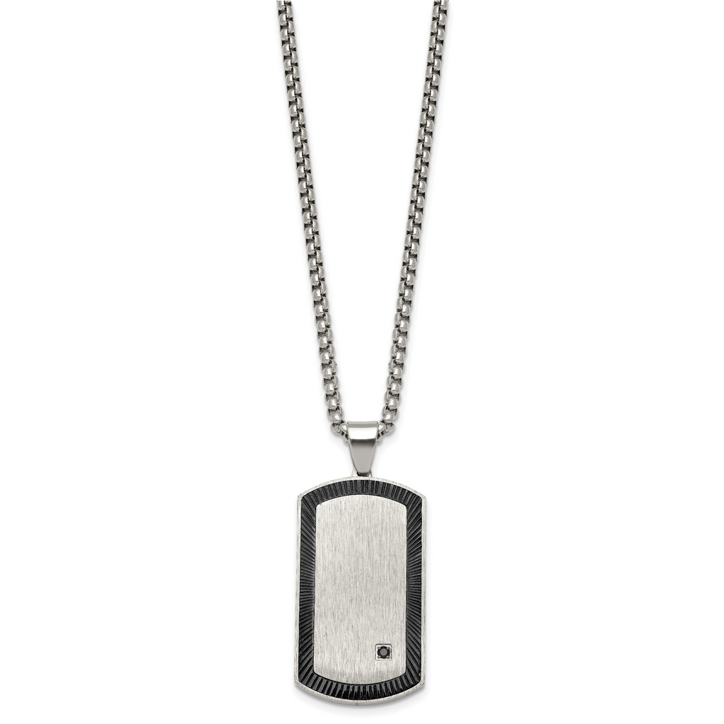 Black Ion-Plated Brushed and Polished Cubic Zirconia Dog Tag Stainless Steel Rolo Chain Necklace