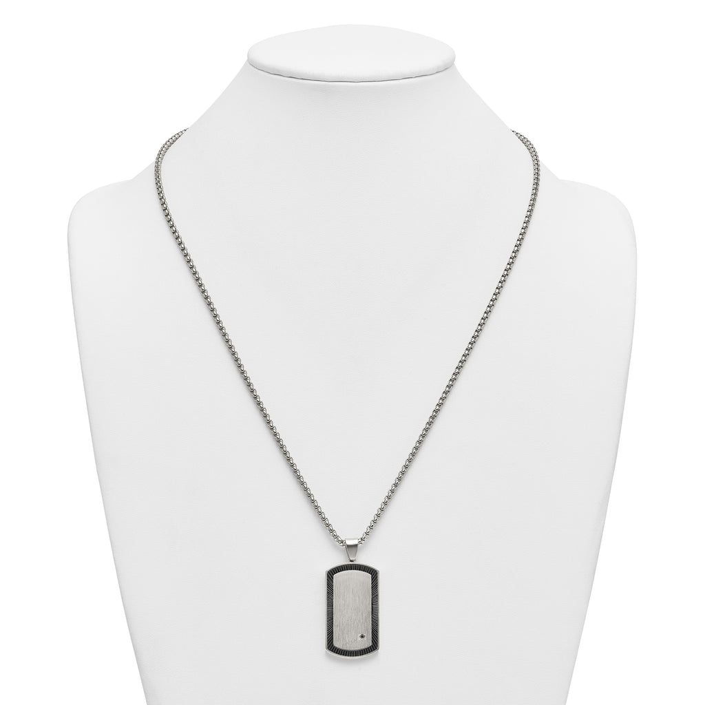 Black Ion-Plated Brushed and Polished Cubic Zirconia Dog Tag Stainless Steel Rolo Chain Necklace