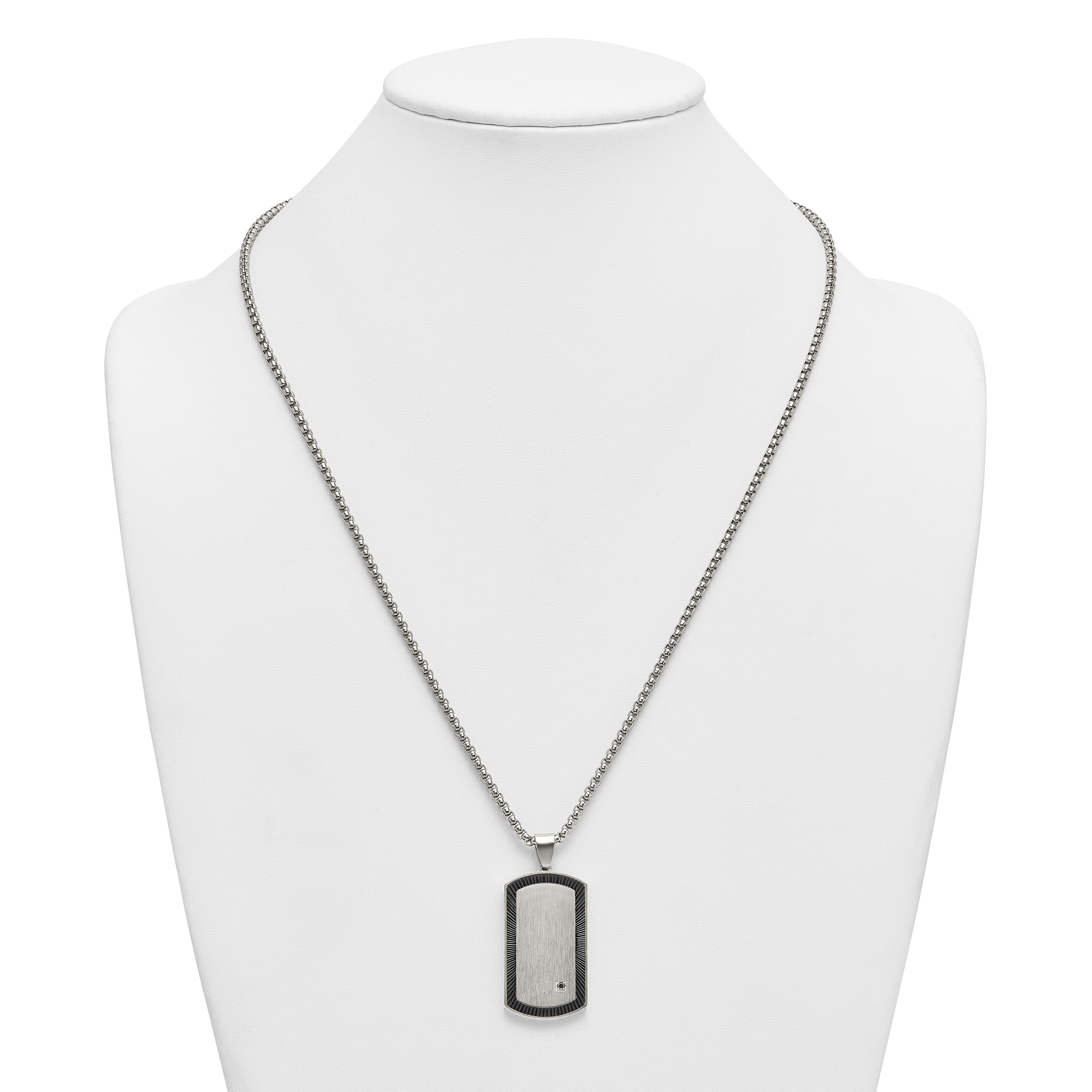 Black Ion-Plated Brushed and Polished Cubic Zirconia Dog Tag Stainless Steel Rolo Chain Necklace