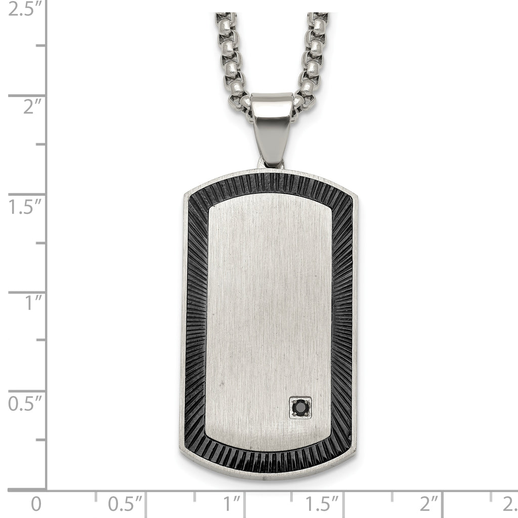 Black Ion-Plated Brushed and Polished Cubic Zirconia Dog Tag Stainless Steel Rolo Chain Necklace