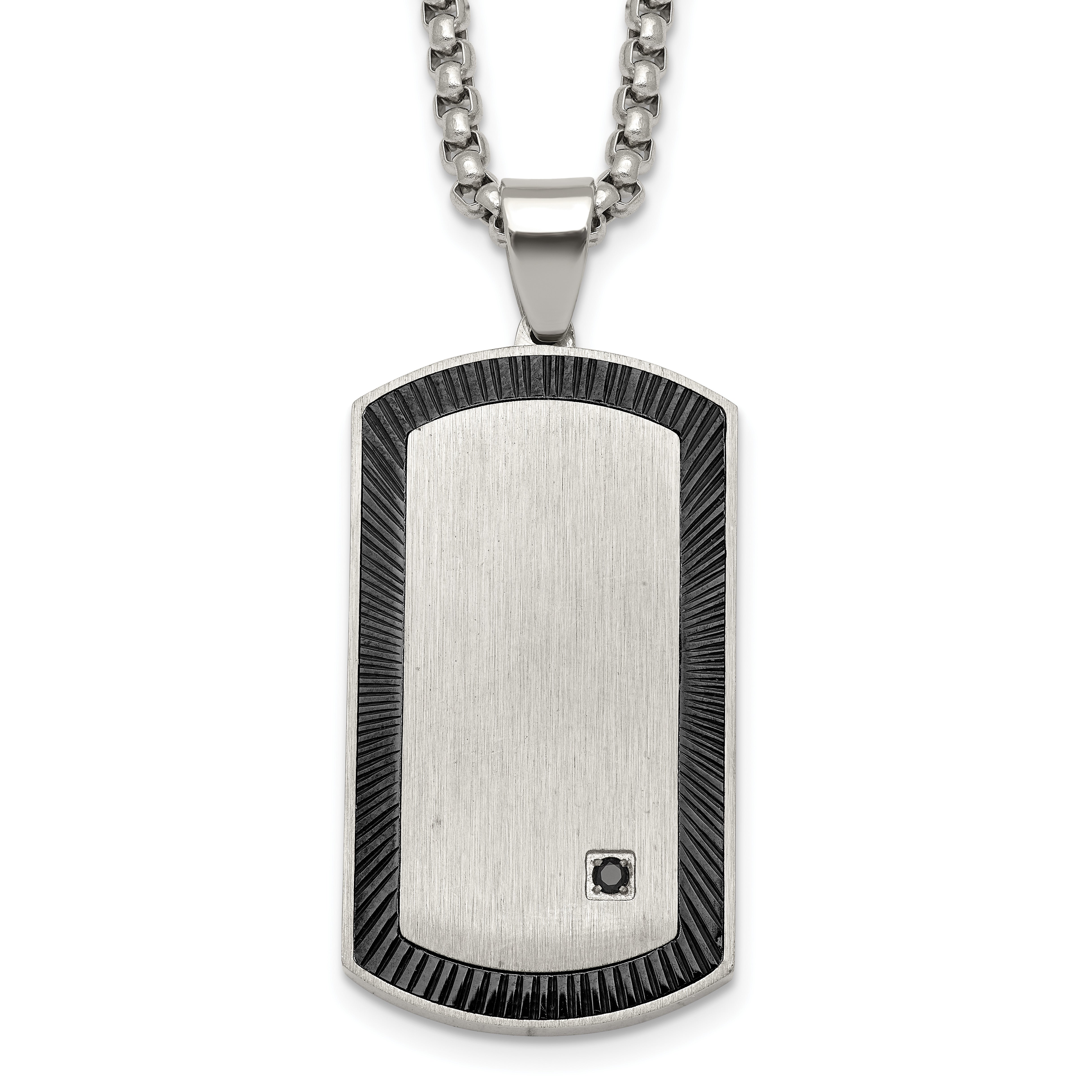 Black Ion-Plated Brushed and Polished Cubic Zirconia Dog Tag Stainless Steel Rolo Chain Necklace Main image