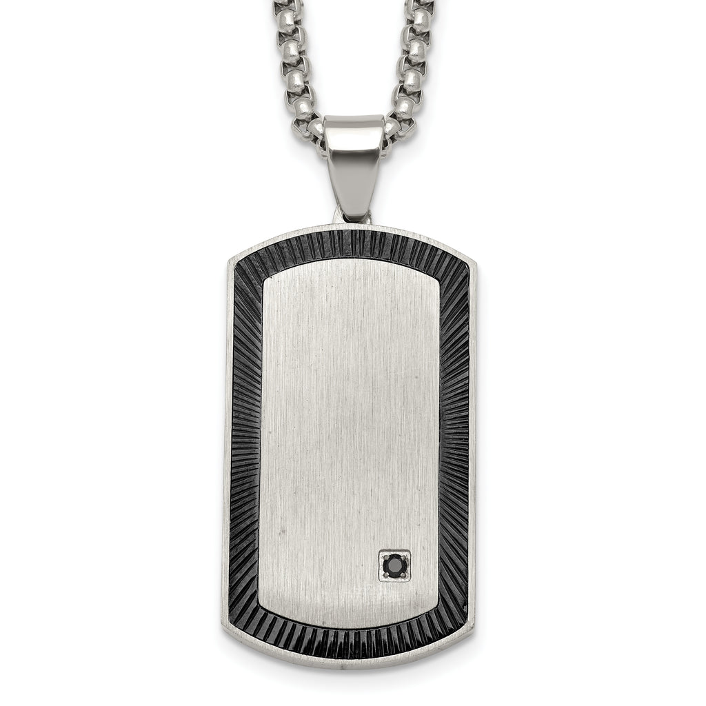 Black Ion-Plated Brushed and Polished Cubic Zirconia Dog Tag Stainless Steel Rolo Chain Necklace