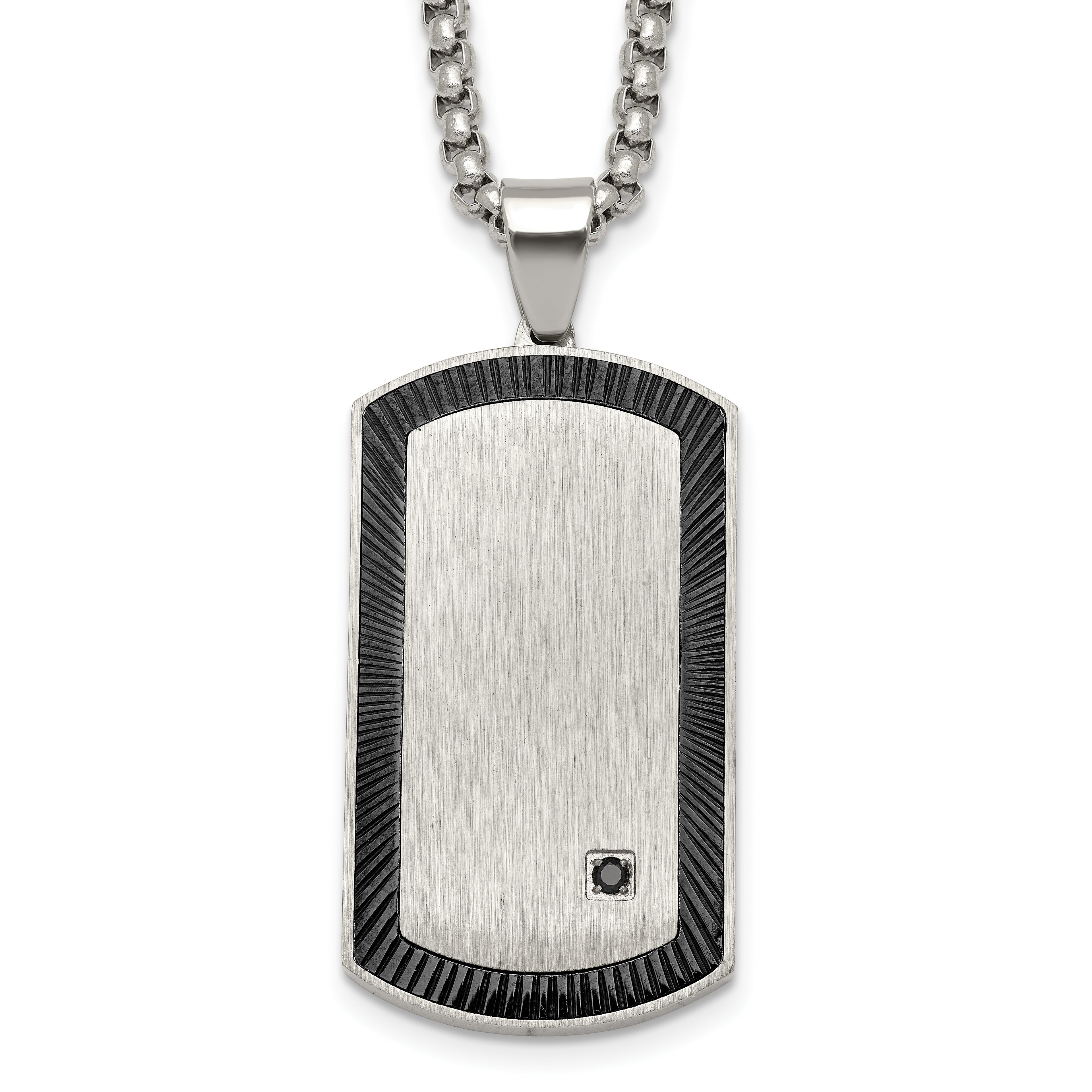Black Ion-Plated Brushed and Polished Cubic Zirconia Dog Tag Stainless Steel Rolo Chain Necklace