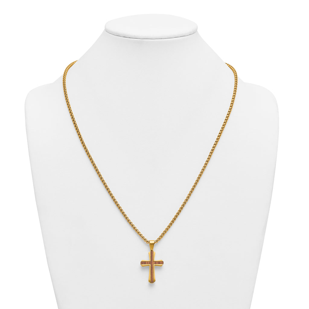 Gold-Tone Polished Cross Stainless Steel Rolo Chain Necklace