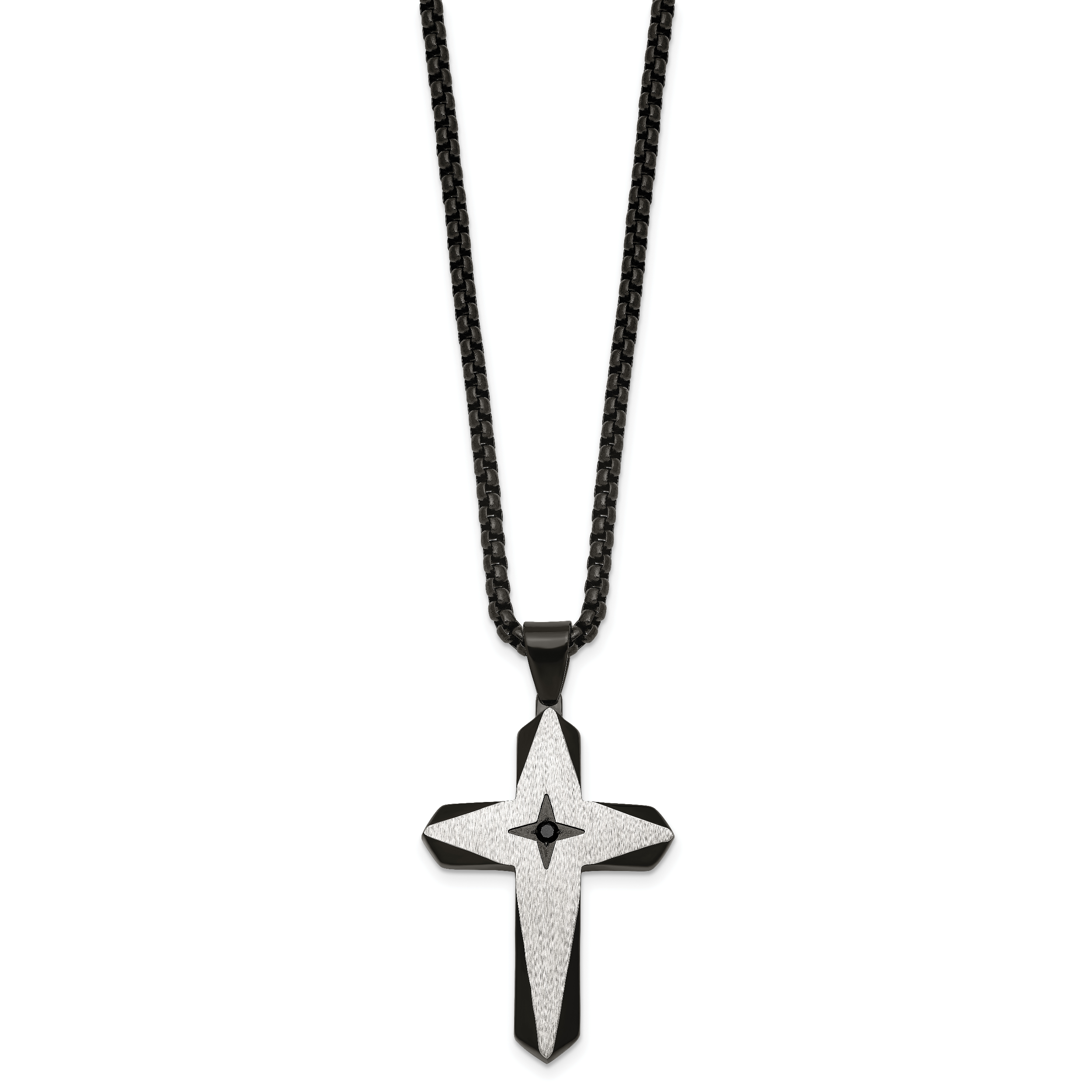 Black Ion-Plated Brushed and Polished Cubic Zirconia Cross Stainless Steel Rolo Chain Necklace Secondary image