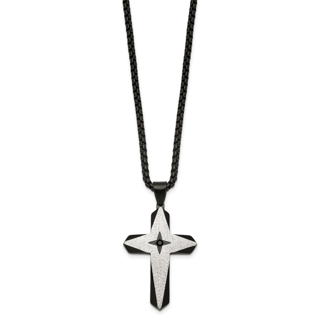 Black Ion-Plated Brushed and Polished Cubic Zirconia Cross Stainless Steel Rolo Chain Necklace