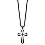 Black Ion-Plated Brushed and Polished Cubic Zirconia Cross Stainless Steel Rolo Chain Necklace
