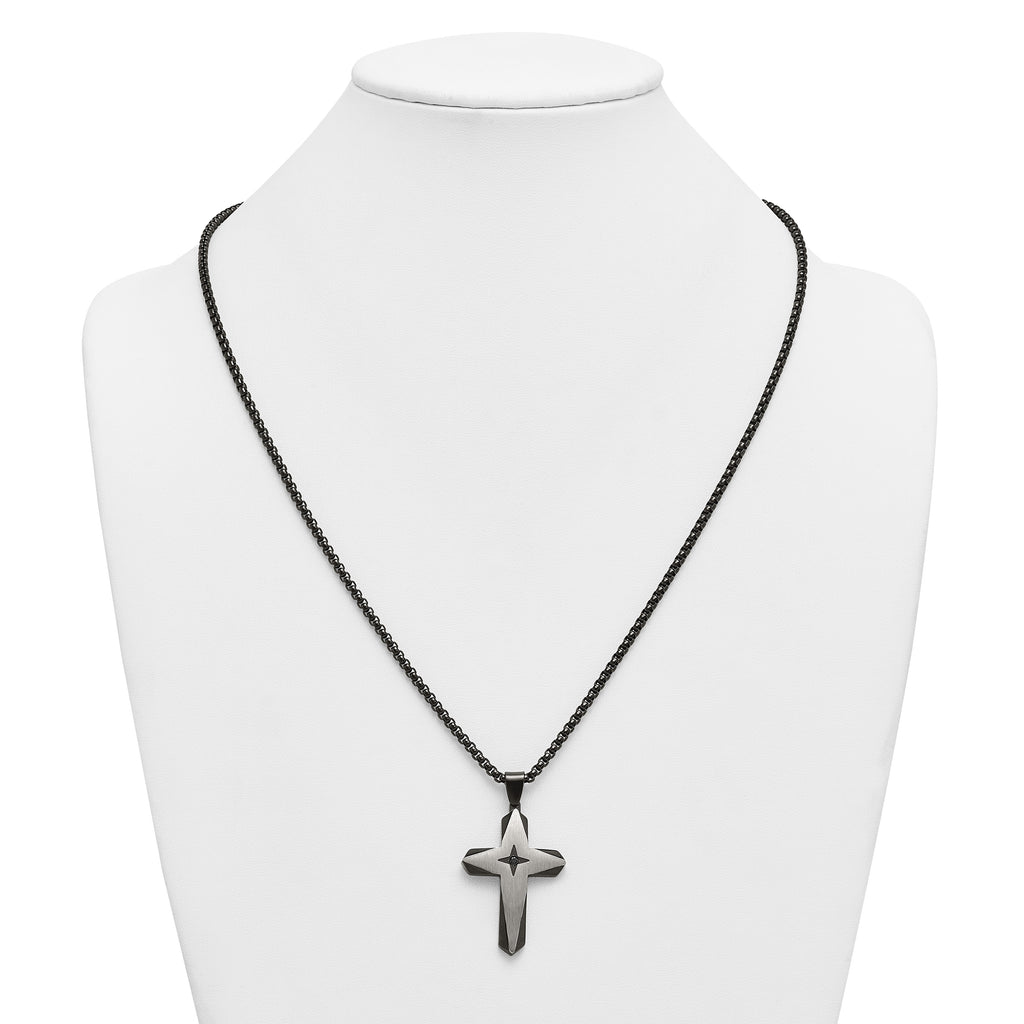 Black Ion-Plated Brushed and Polished Cubic Zirconia Cross Stainless Steel Rolo Chain Necklace
