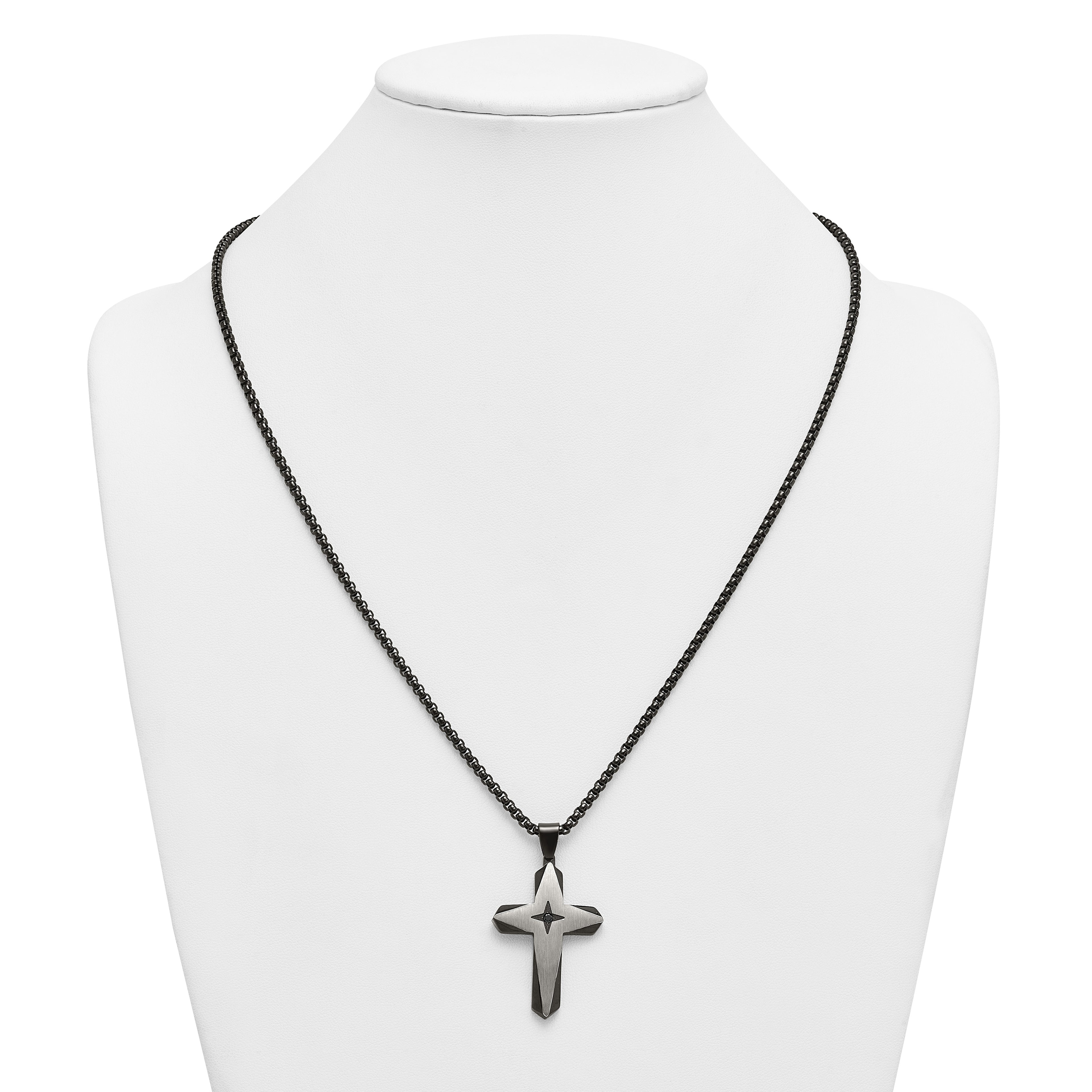 Black Ion-Plated Brushed and Polished Cubic Zirconia Cross Stainless Steel Rolo Chain Necklace