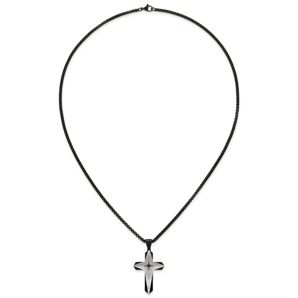 Black Ion-Plated Brushed and Polished Cubic Zirconia Cross Stainless Steel Rolo Chain Necklace