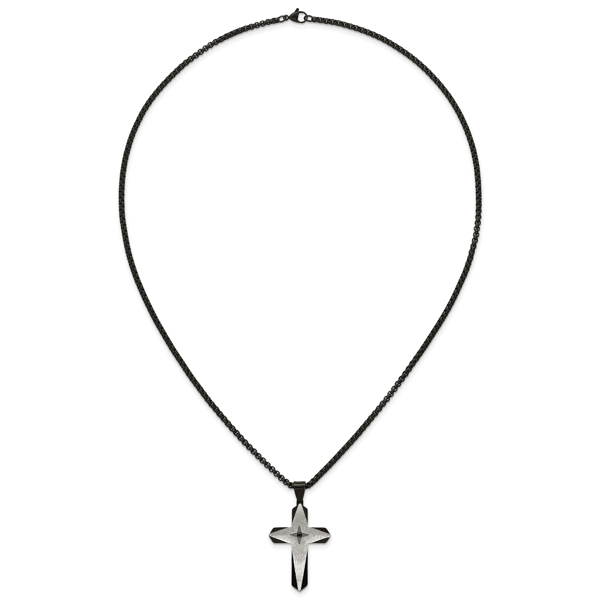 Black Ion-Plated Brushed and Polished Cubic Zirconia Cross Stainless Steel Rolo Chain Necklace