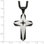 Black Ion-Plated Brushed and Polished Cubic Zirconia Cross Stainless Steel Rolo Chain Necklace