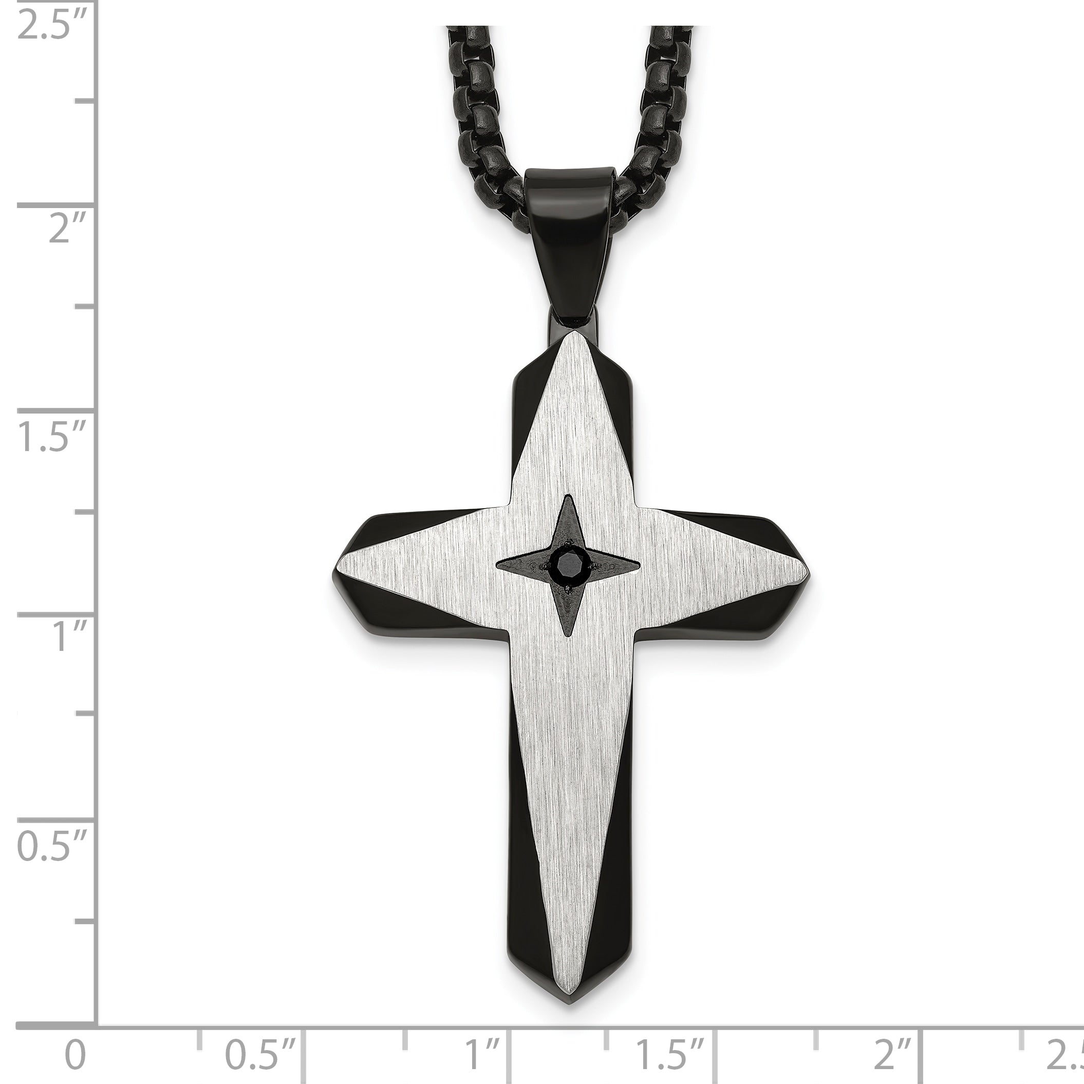Black Ion-Plated Brushed and Polished Cubic Zirconia Cross Stainless Steel Rolo Chain Necklace