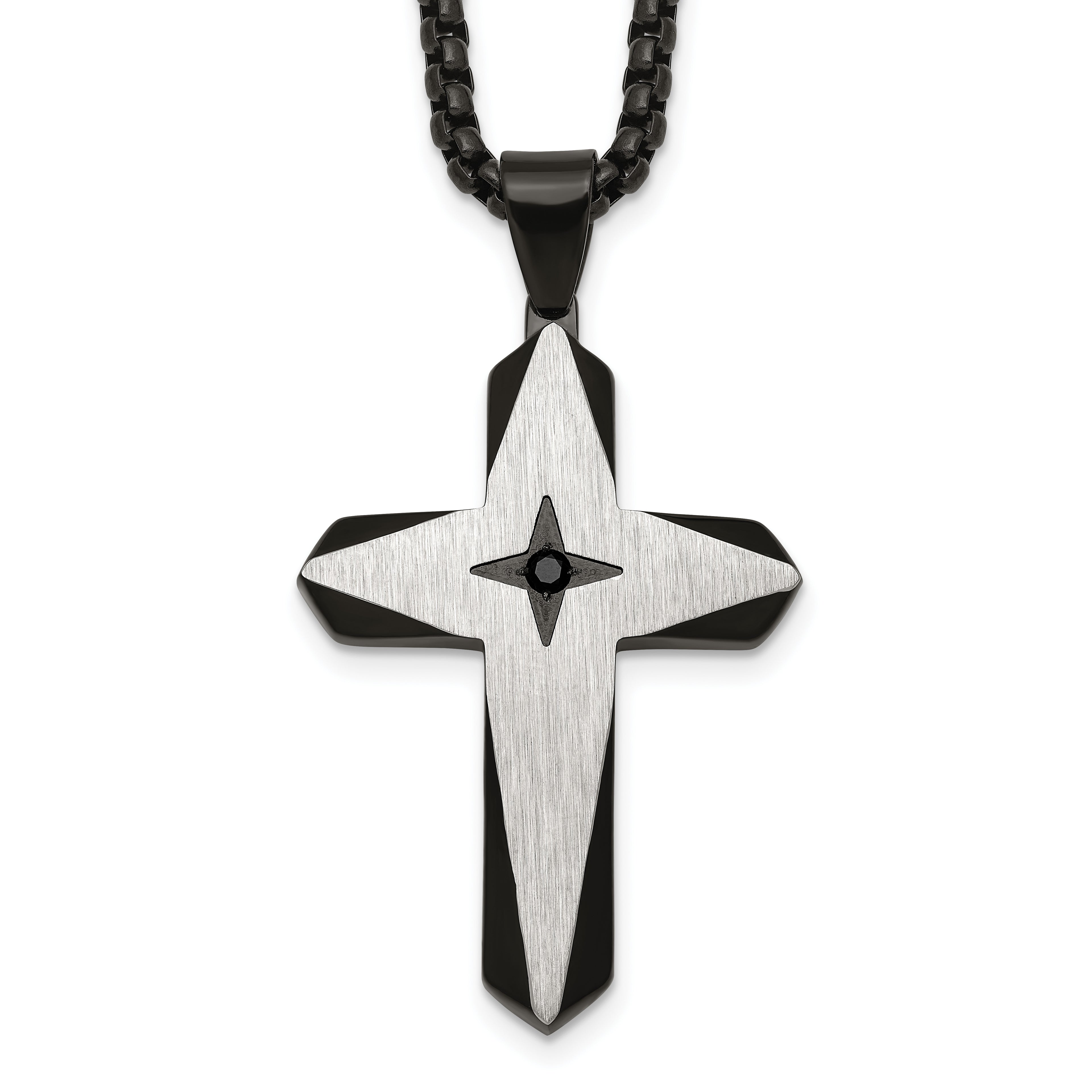 Black Ion-Plated Brushed and Polished Cubic Zirconia Cross Stainless Steel Rolo Chain Necklace