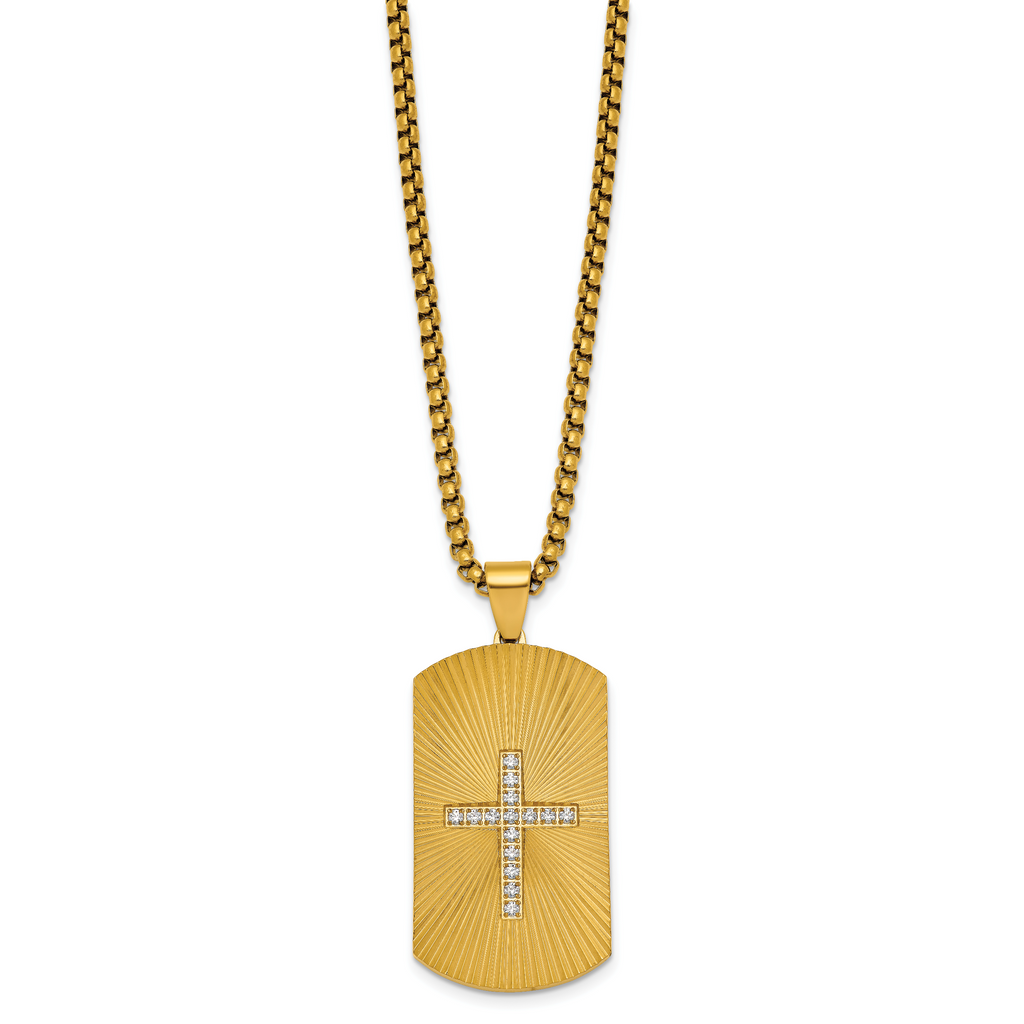 Gold-Tone Brushed and Polished Cubic Zirconia Cross Stainless Steel Rolo Chain Necklace