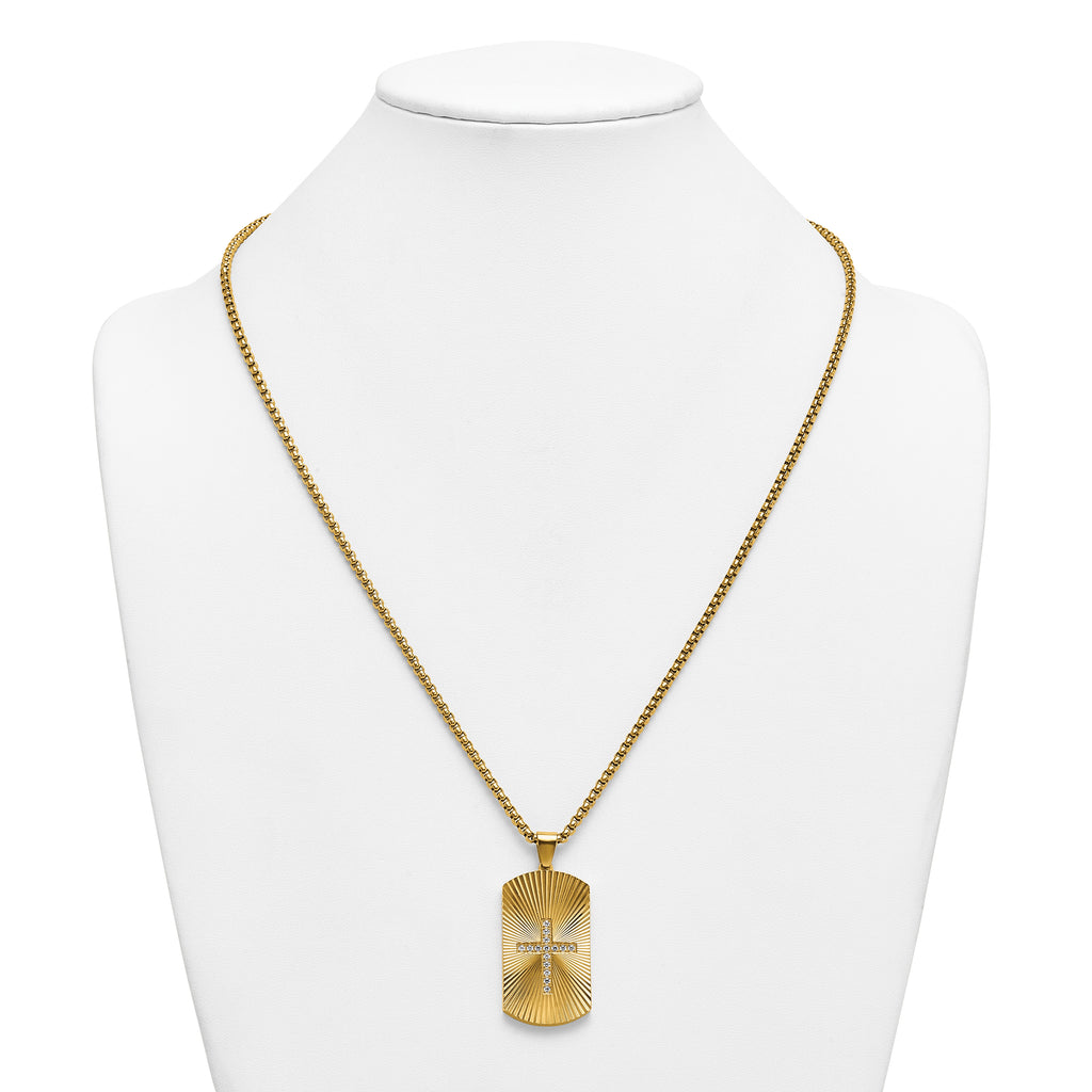 Gold-Tone Brushed and Polished Cubic Zirconia Cross Stainless Steel Rolo Chain Necklace
