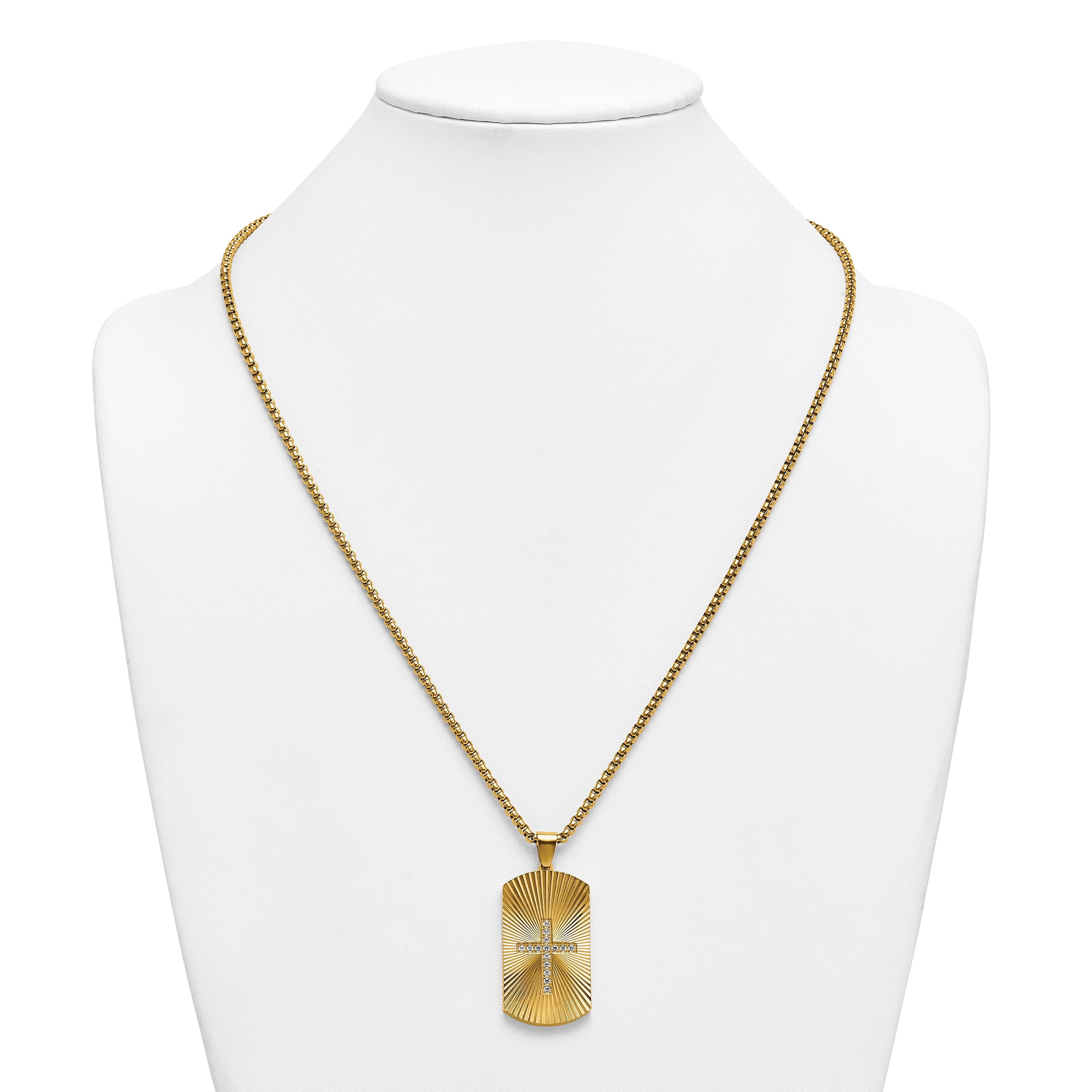 Gold-Tone Brushed and Polished Cubic Zirconia Cross Stainless Steel Rolo Chain Necklace
