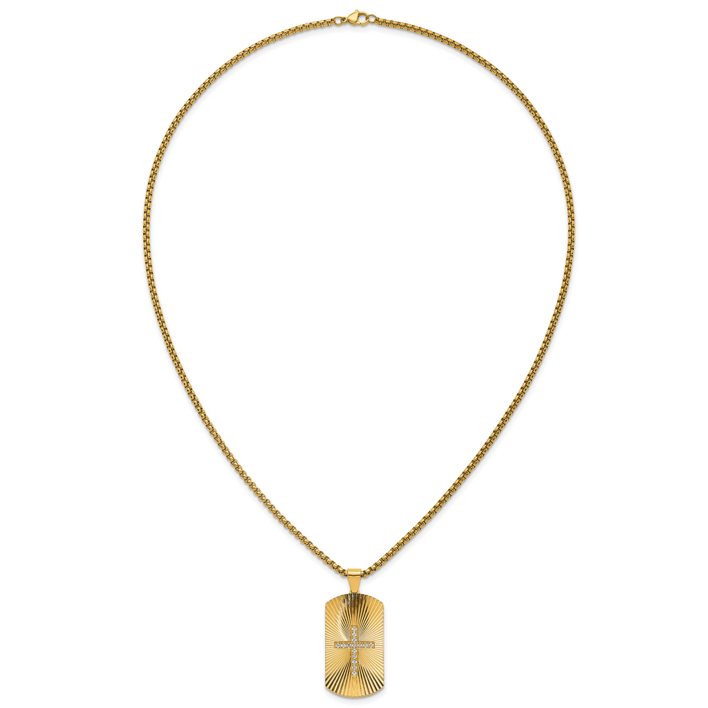 Gold-Tone Brushed and Polished Cubic Zirconia Cross Stainless Steel Rolo Chain Necklace