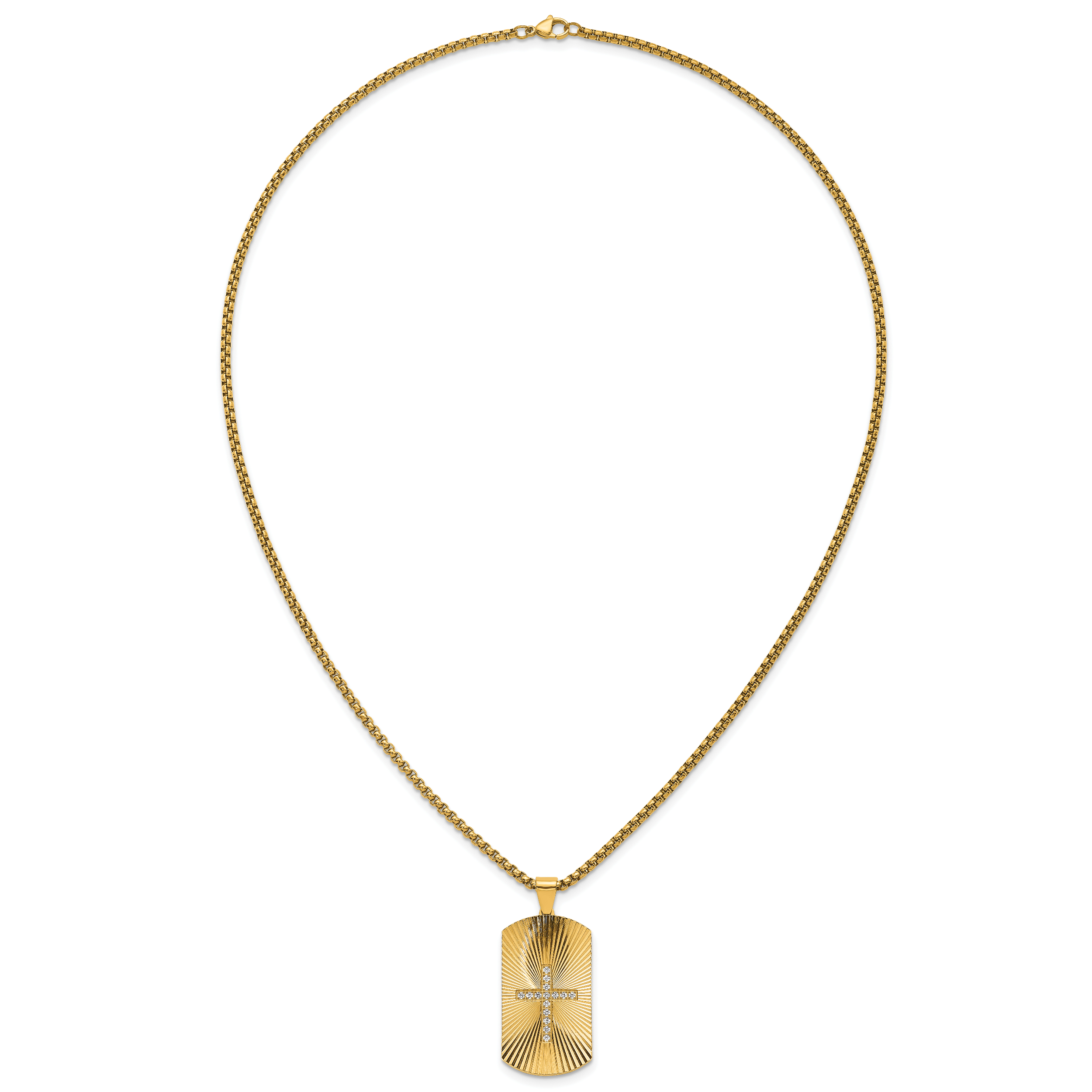 Gold-Tone Brushed and Polished Cubic Zirconia Cross Stainless Steel Rolo Chain Necklace