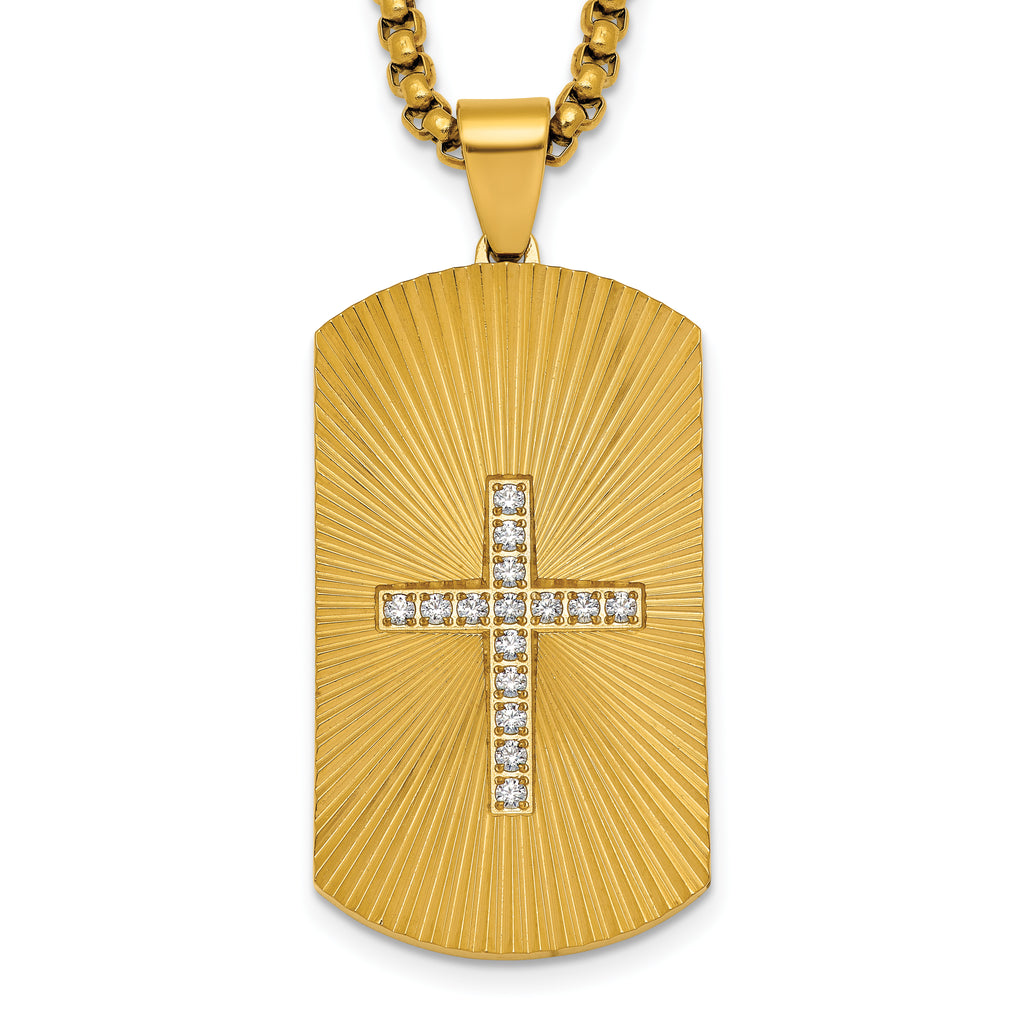 Gold-Tone Brushed and Polished Cubic Zirconia Cross Stainless Steel Rolo Chain Necklace