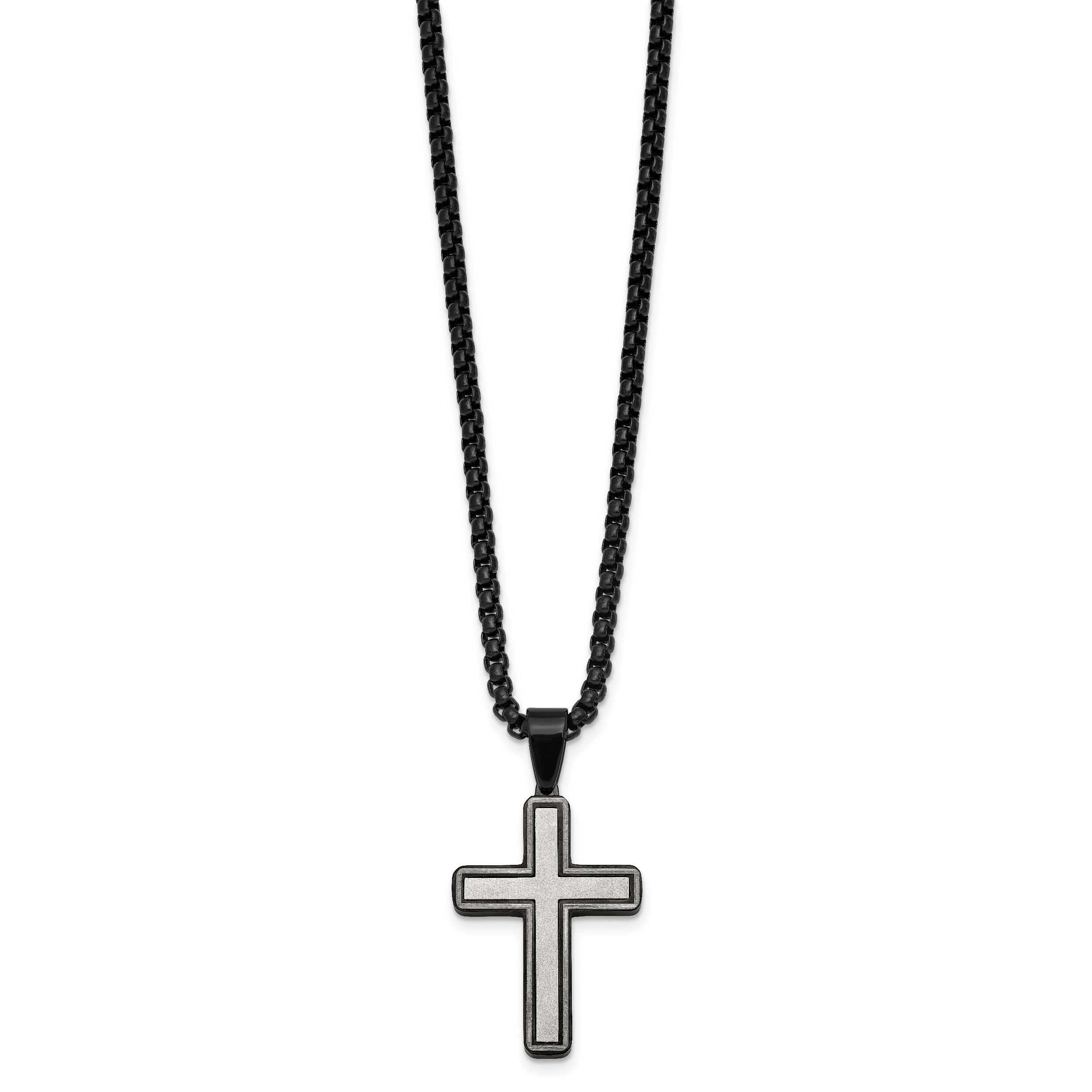 Black Ion-Plated Brushed and Polished Cross Stainless Steel Rolo Chain Necklace 24in