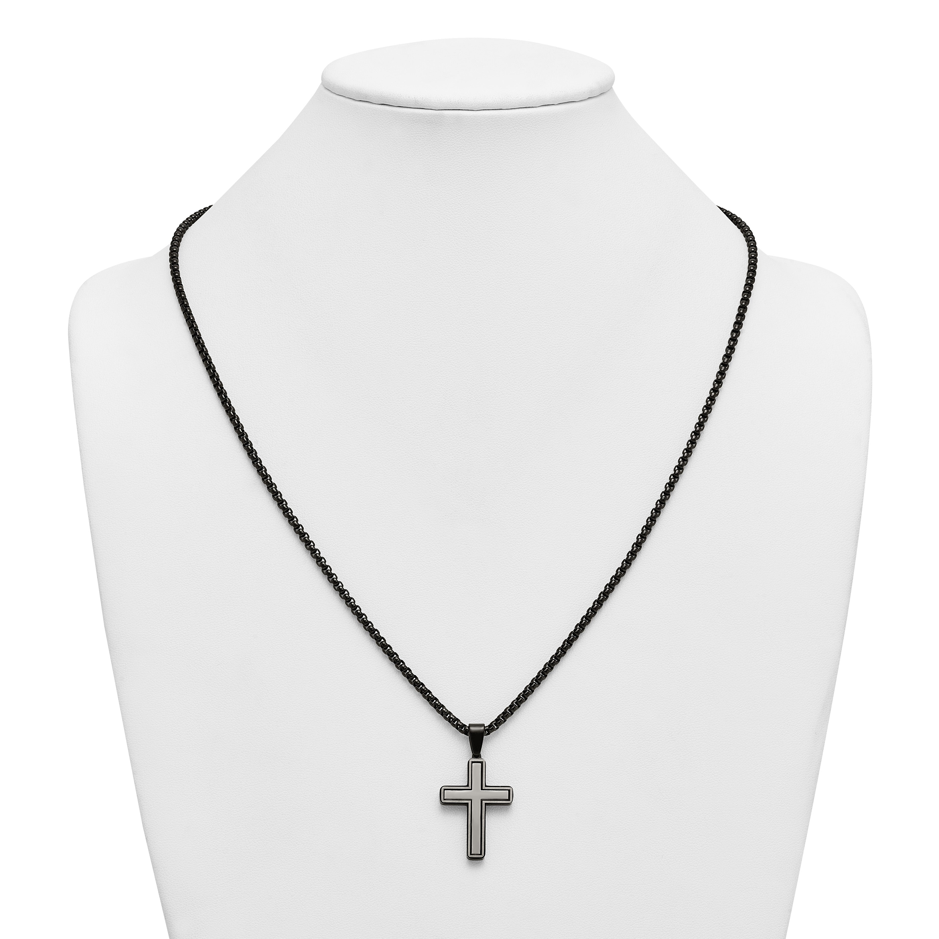 Black Ion-Plated Brushed and Polished Cross Stainless Steel Rolo Chain Necklace 24in