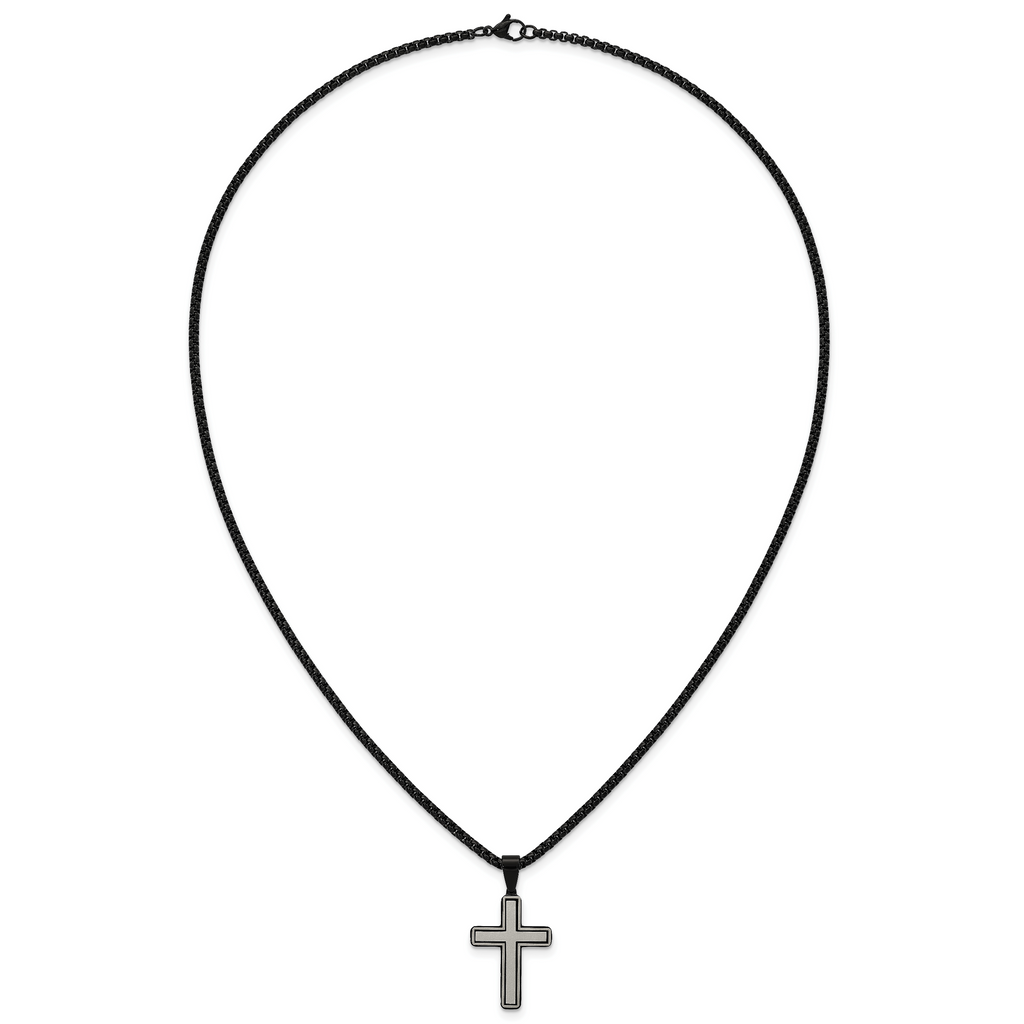 Black Ion-Plated Brushed and Polished Cross Stainless Steel Rolo Chain Necklace 24in