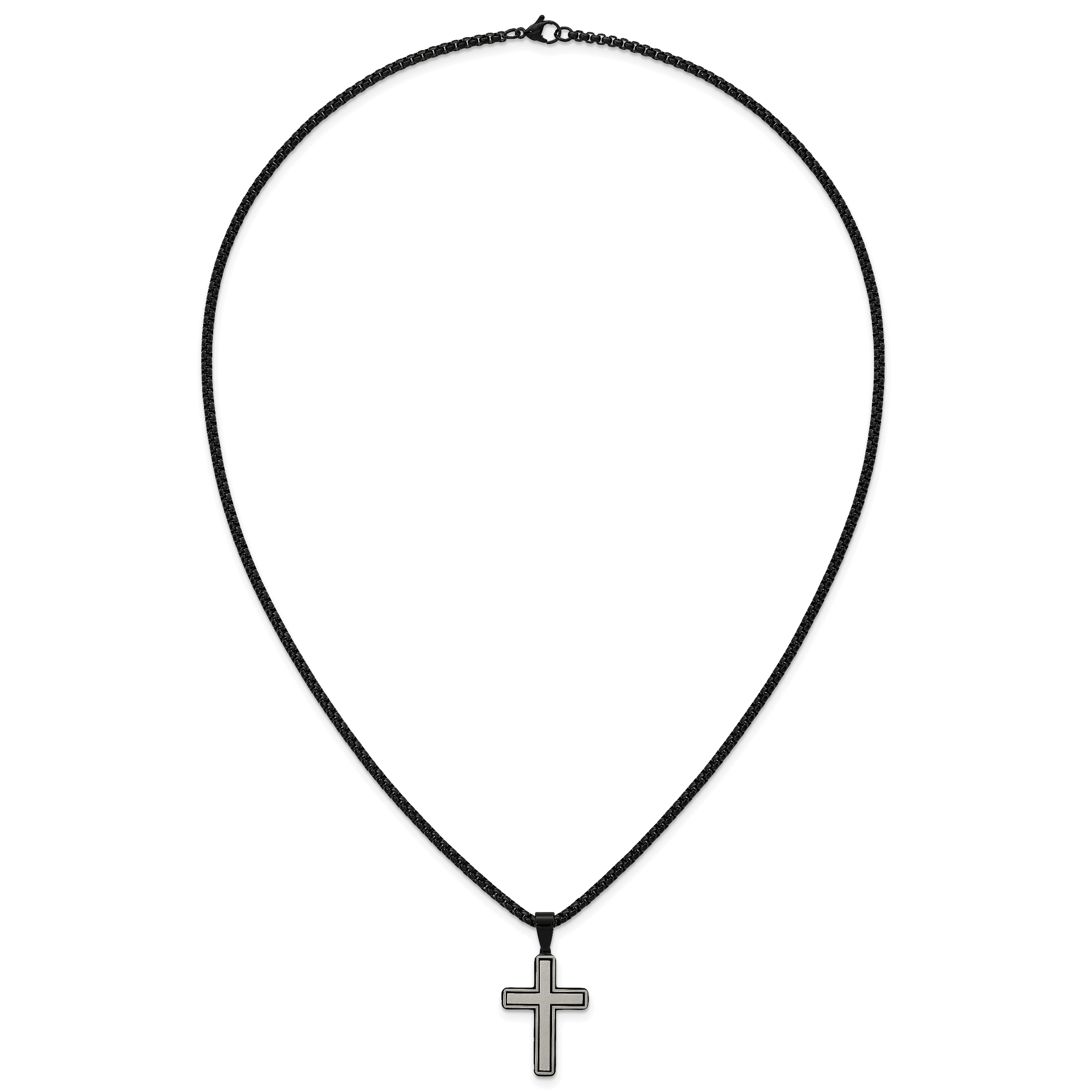 Black Ion-Plated Brushed and Polished Cross Stainless Steel Rolo Chain Necklace 24in