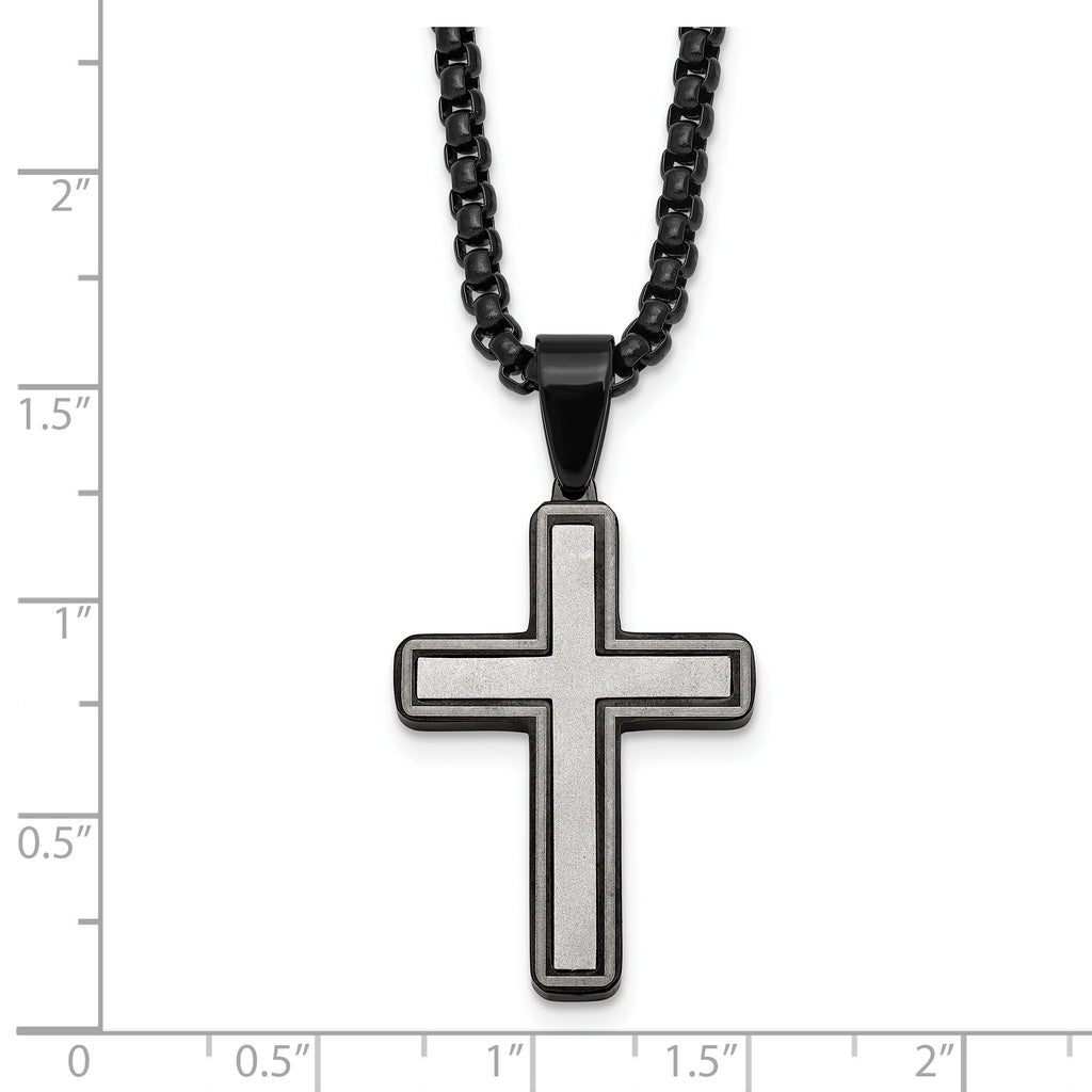 Black Ion-Plated Brushed and Polished Cross Stainless Steel Rolo Chain Necklace 24in