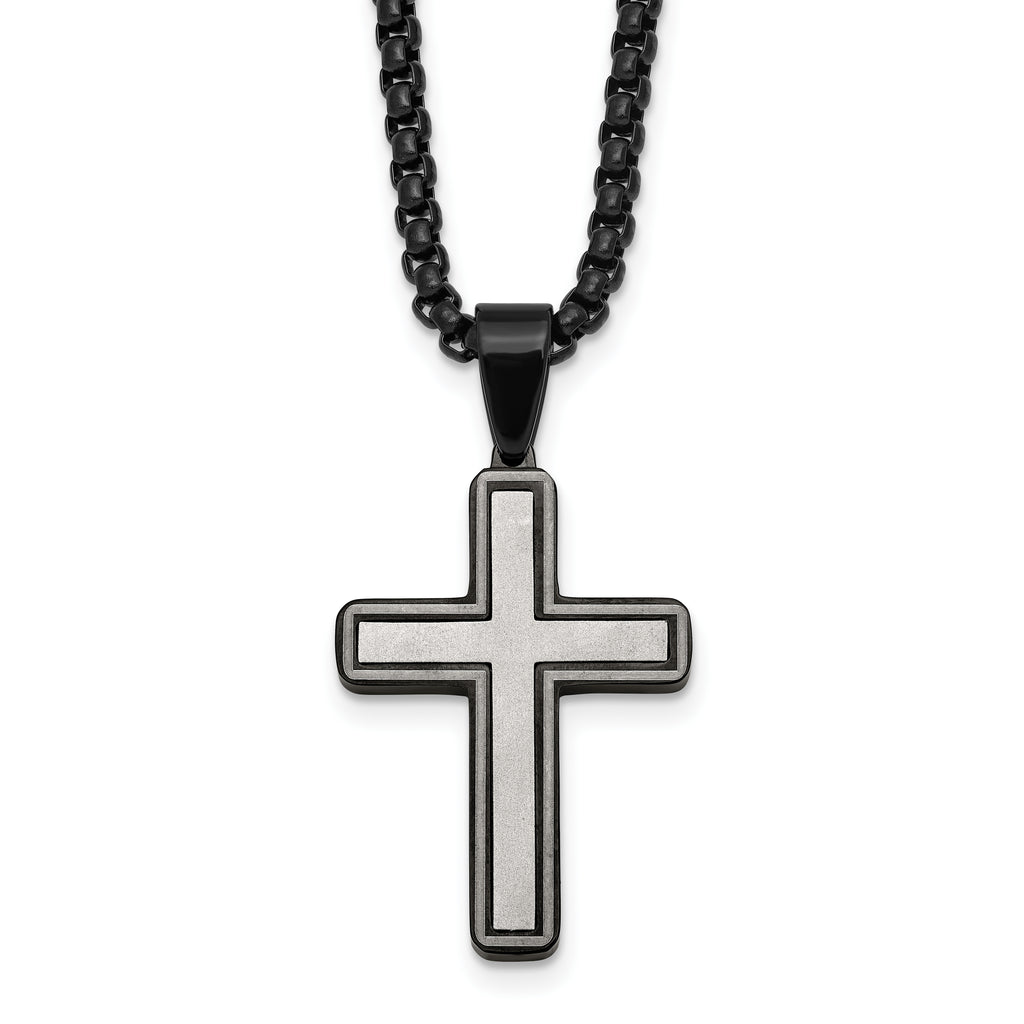 Black Ion-Plated Brushed and Polished Cross Stainless Steel Rolo Chain Necklace 24in