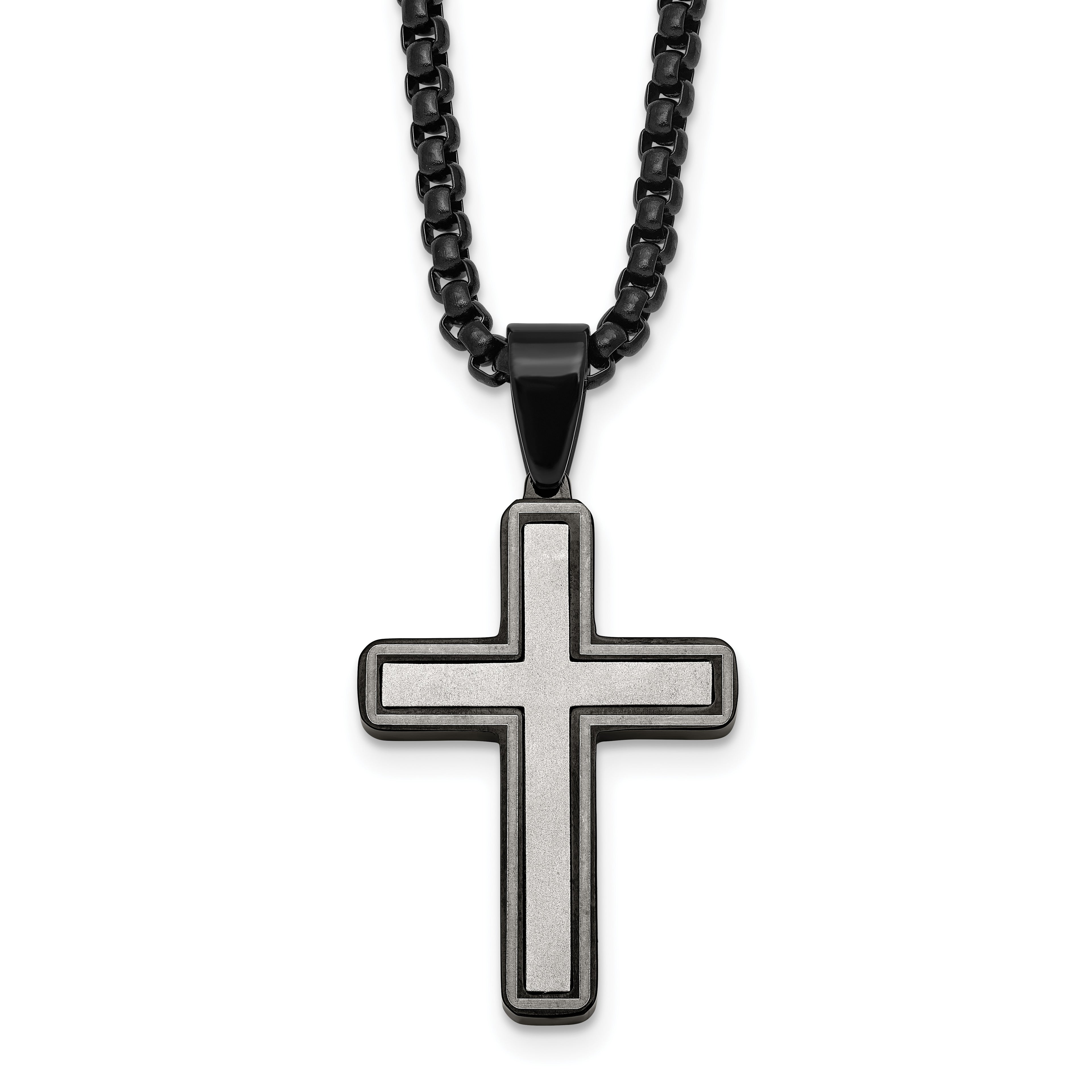 Black Ion-Plated Brushed and Polished Cross Stainless Steel Rolo Chain Necklace 24in