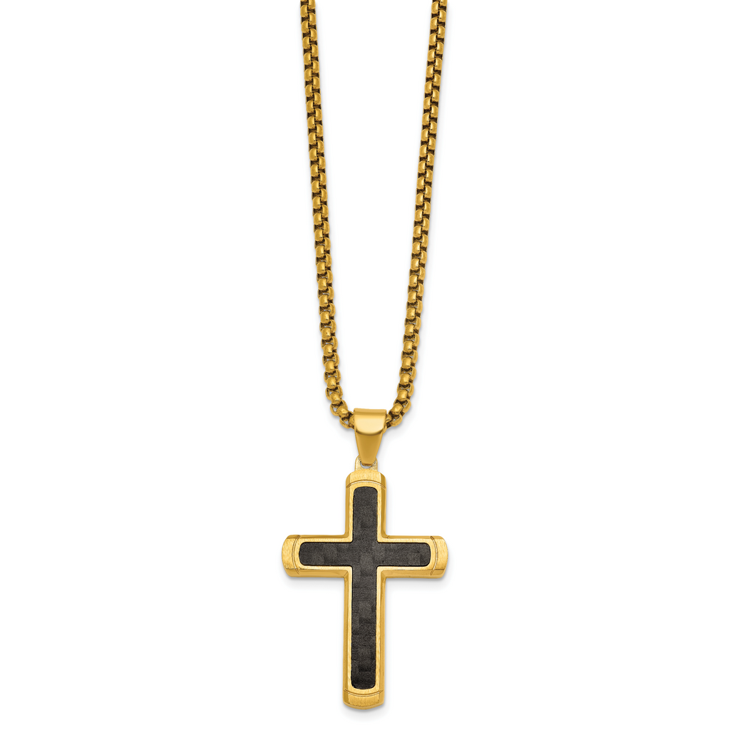 Gold-Tone Brushed and Polished Cross Stainless Steel Rolo Chain Necklace