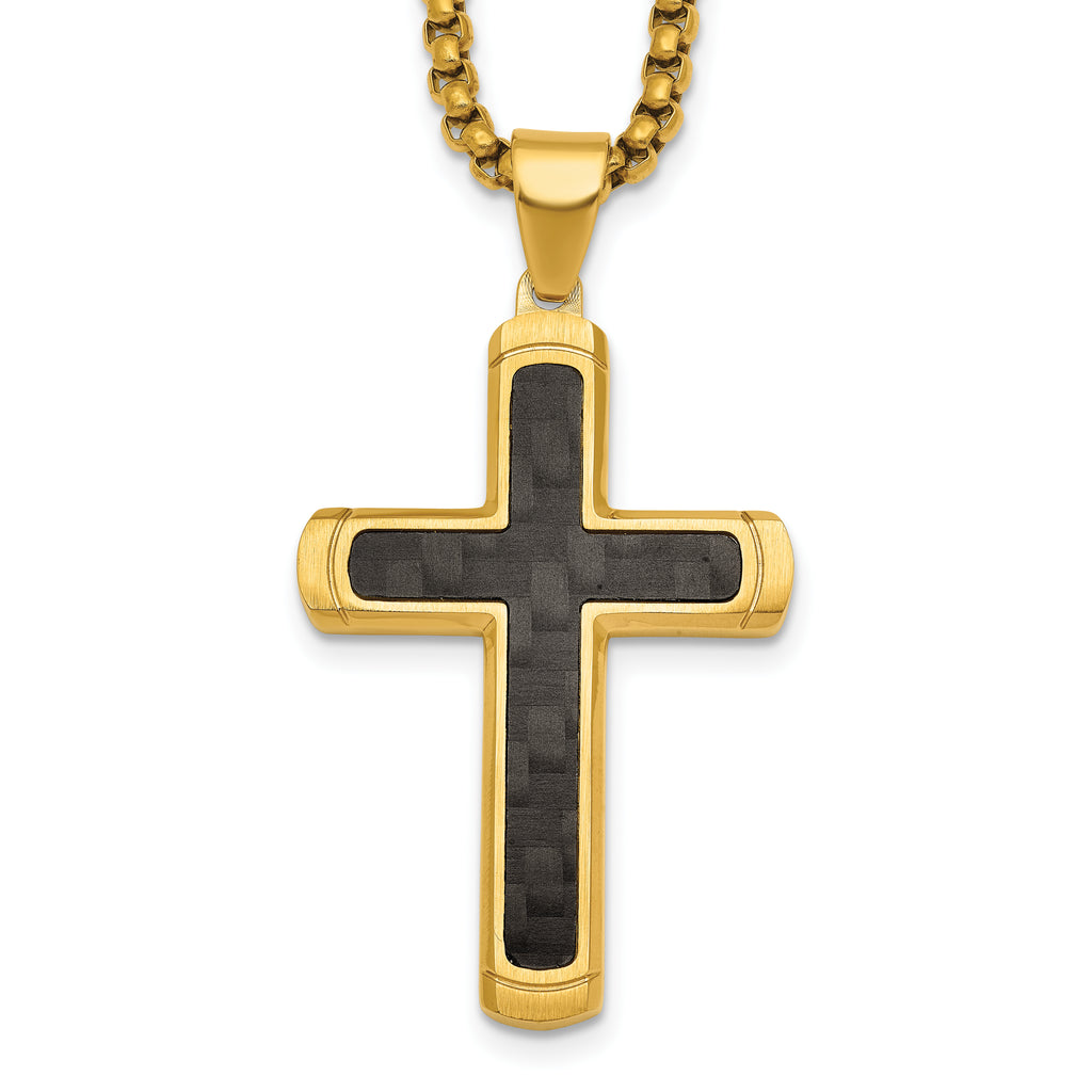 Gold-Tone Brushed and Polished Cross Stainless Steel Rolo Chain Necklace