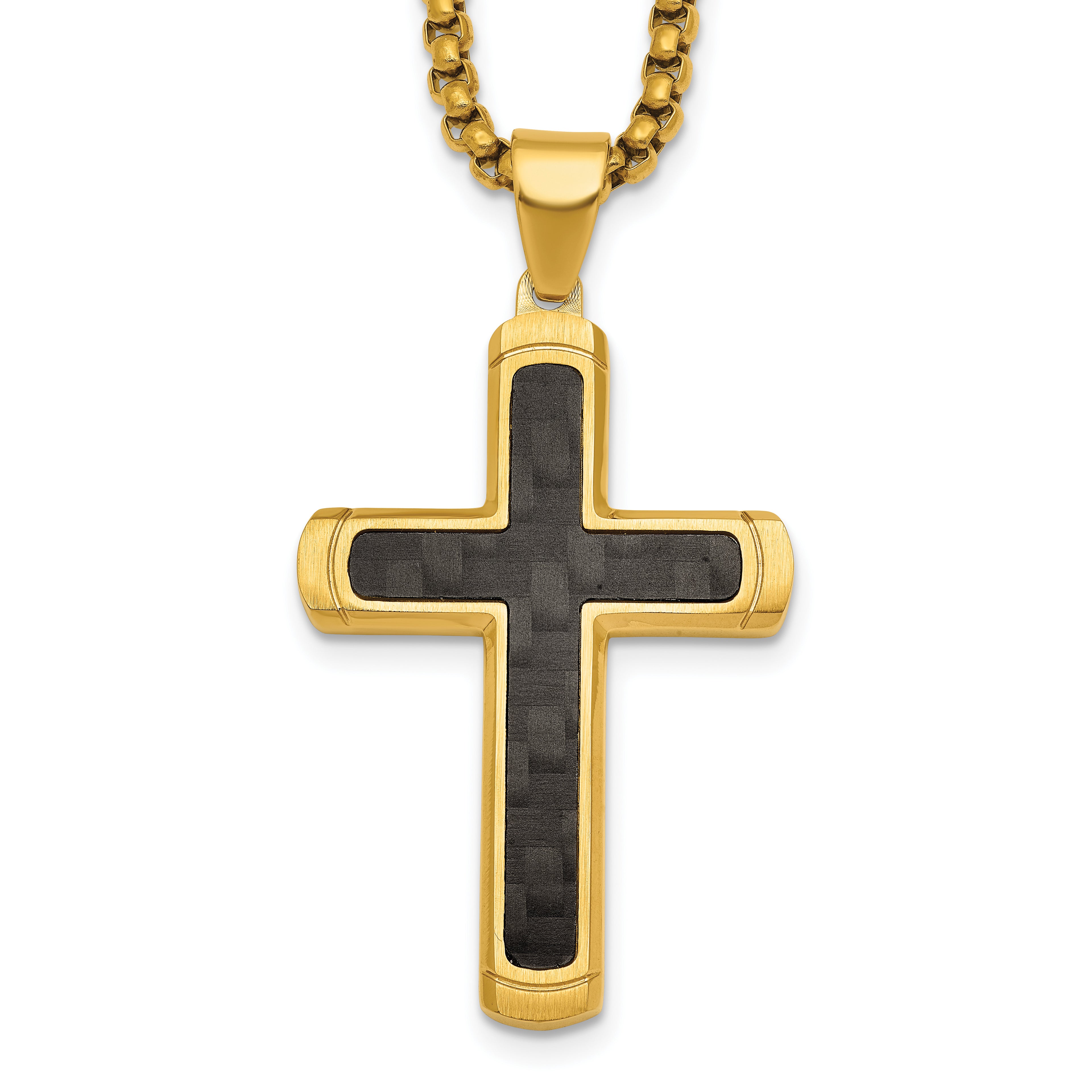 Gold-Tone Brushed and Polished Cross Stainless Steel Rolo Chain Necklace