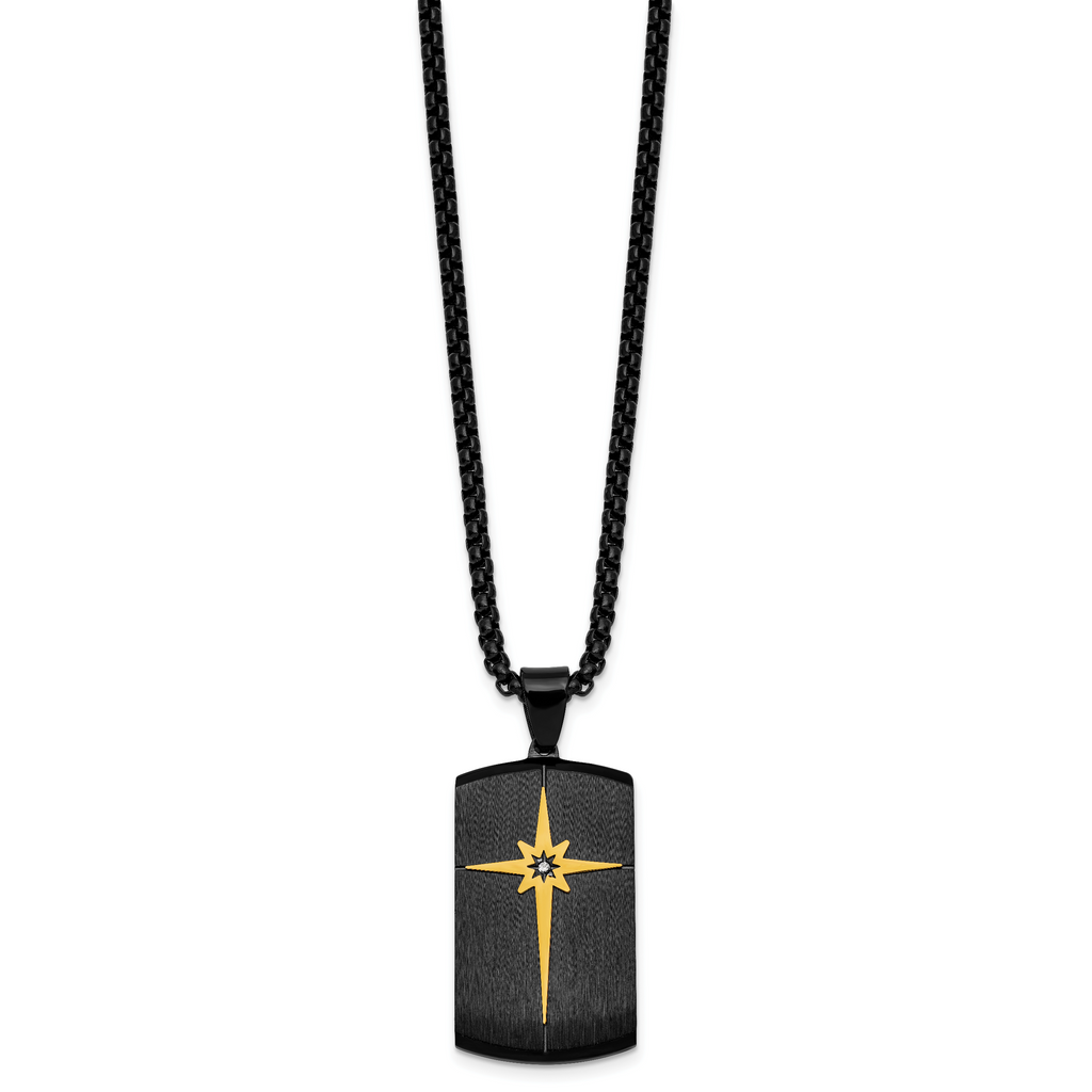Gold-Tone Brushed and Polished Cubic Zirconia Dog Tag Stainless Steel Rolo Chain Necklace