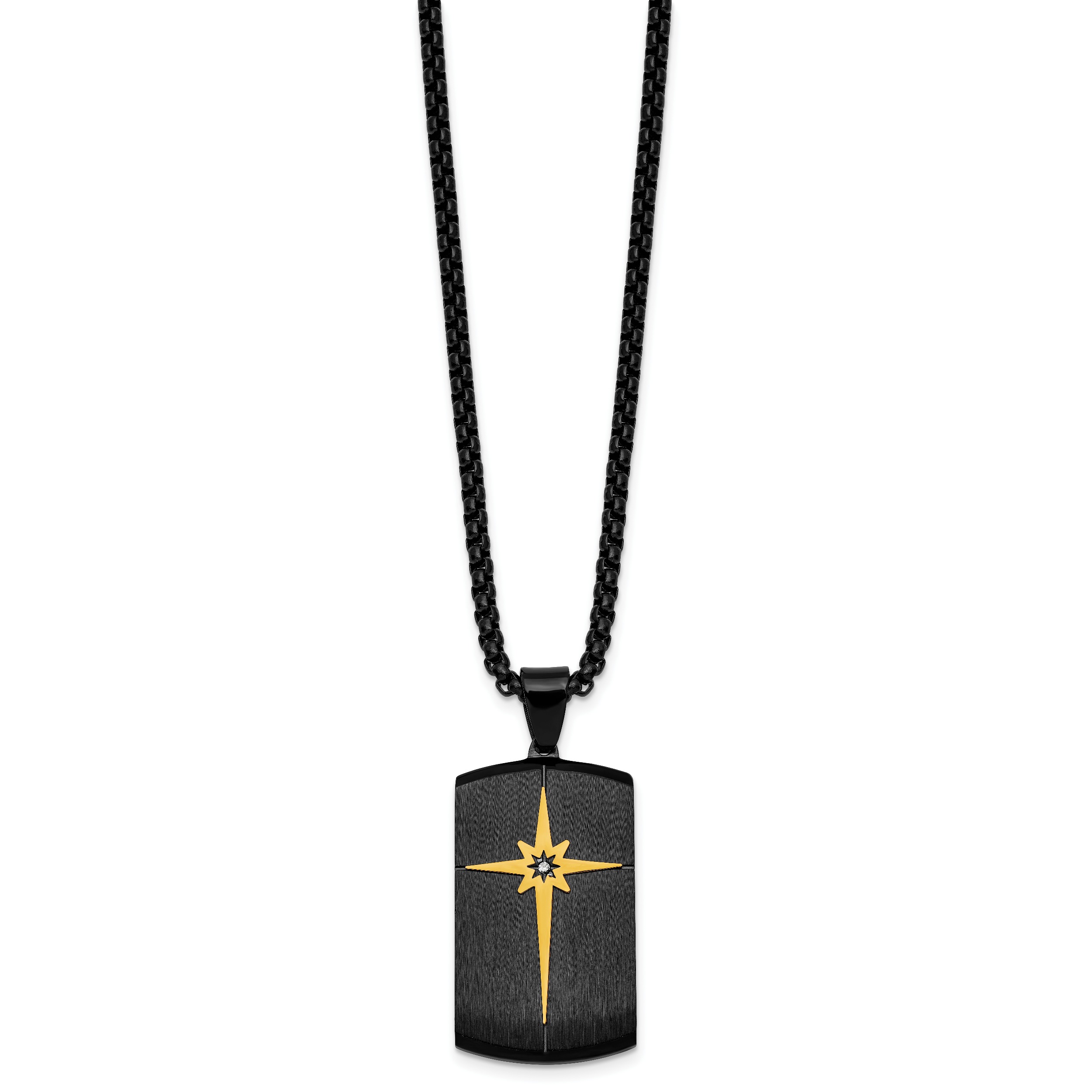 Gold-Tone Brushed and Polished Cubic Zirconia Dog Tag Stainless Steel Rolo Chain Necklace