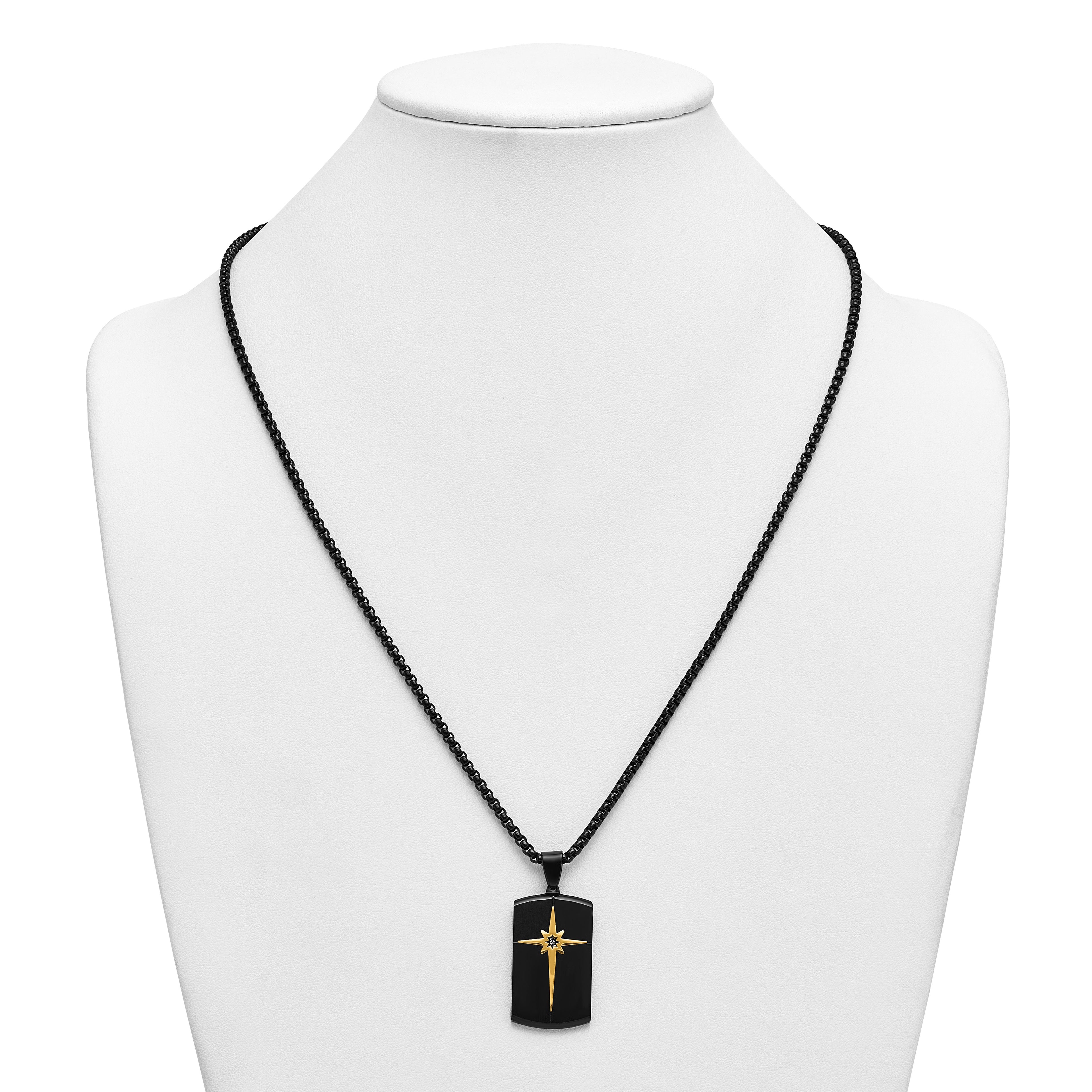 Gold-Tone Brushed and Polished Cubic Zirconia Dog Tag Stainless Steel Rolo Chain Necklace