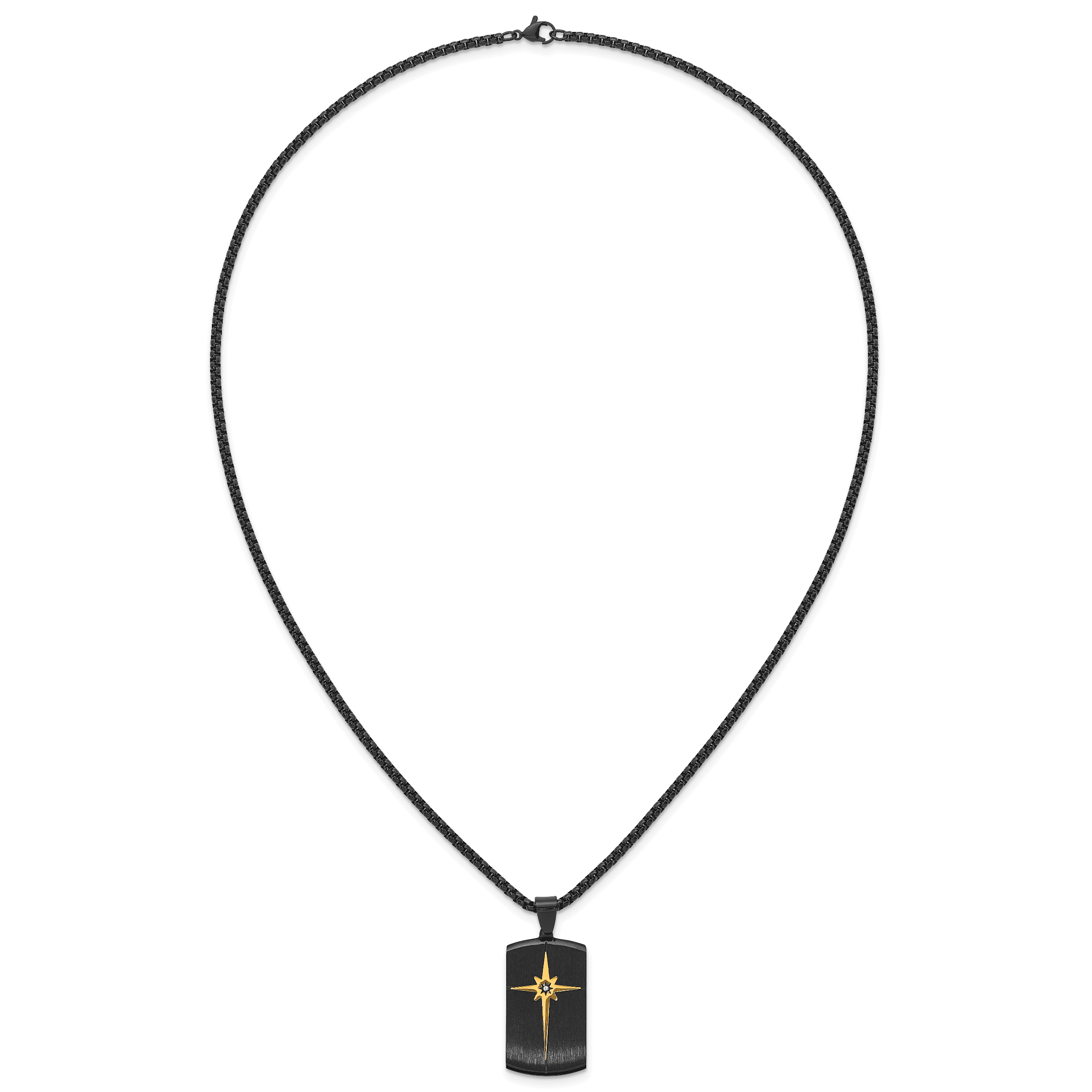 Gold-Tone Brushed and Polished Cubic Zirconia Dog Tag Stainless Steel Rolo Chain Necklace