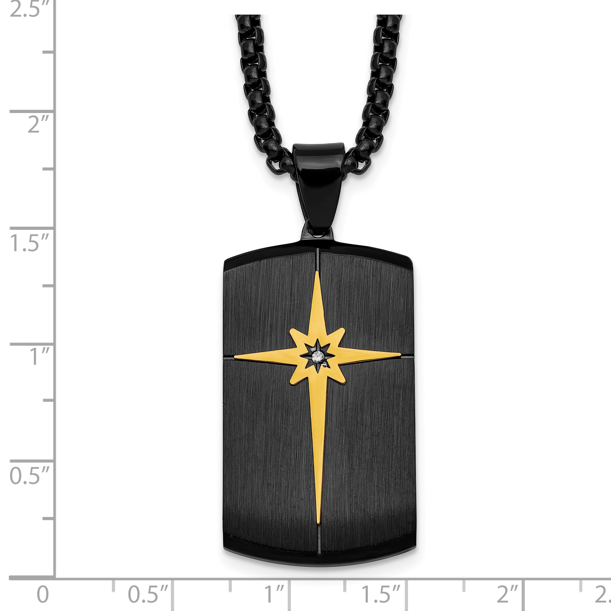 Gold-Tone Brushed and Polished Cubic Zirconia Dog Tag Stainless Steel Rolo Chain Necklace