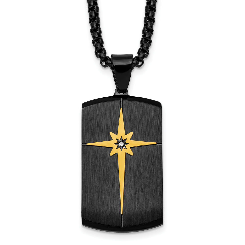 Gold-Tone Brushed and Polished Cubic Zirconia Dog Tag Stainless Steel Rolo Chain Necklace