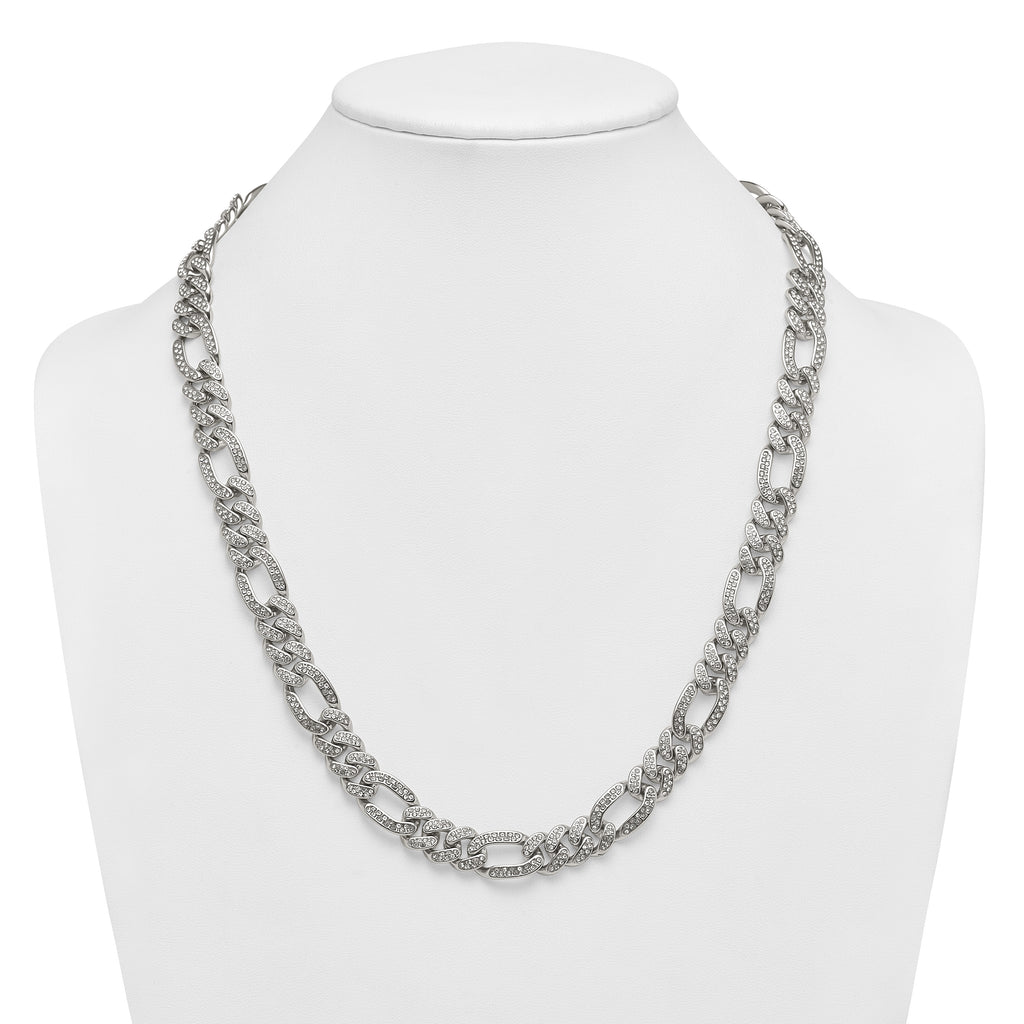 Polished Crystal Stainless Steel Figaro Chain Necklace 12mm
