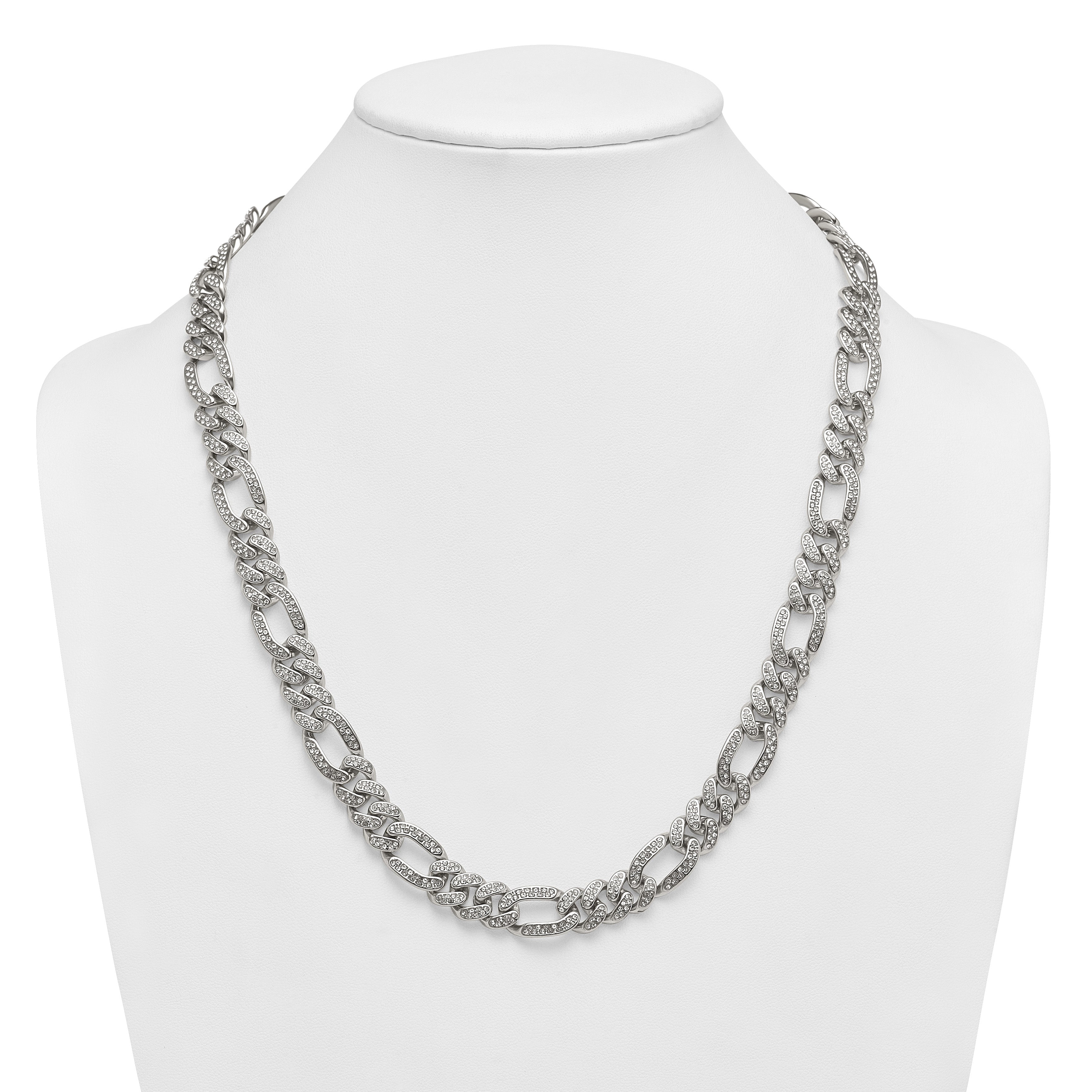 Polished Crystal Stainless Steel Figaro Chain Necklace 12mm