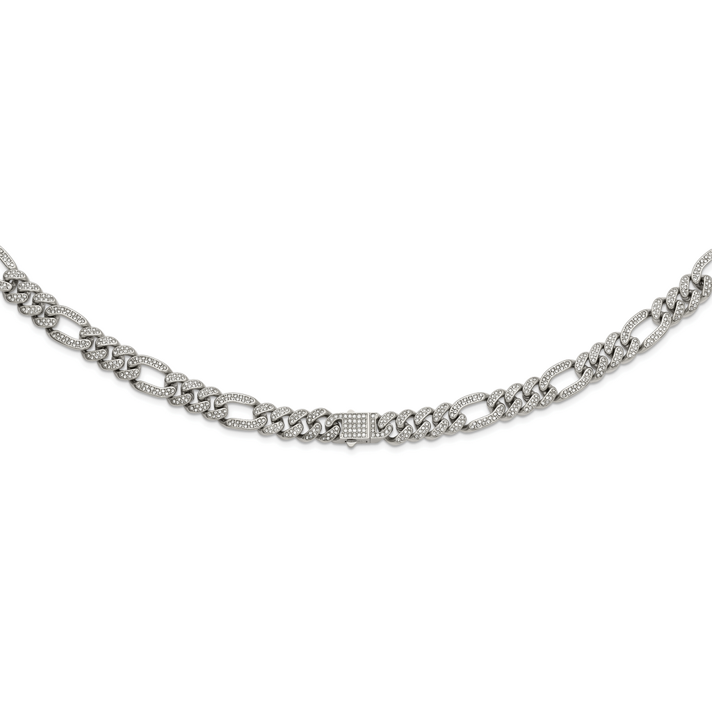 Polished Crystal Stainless Steel Figaro Chain Necklace 12mm