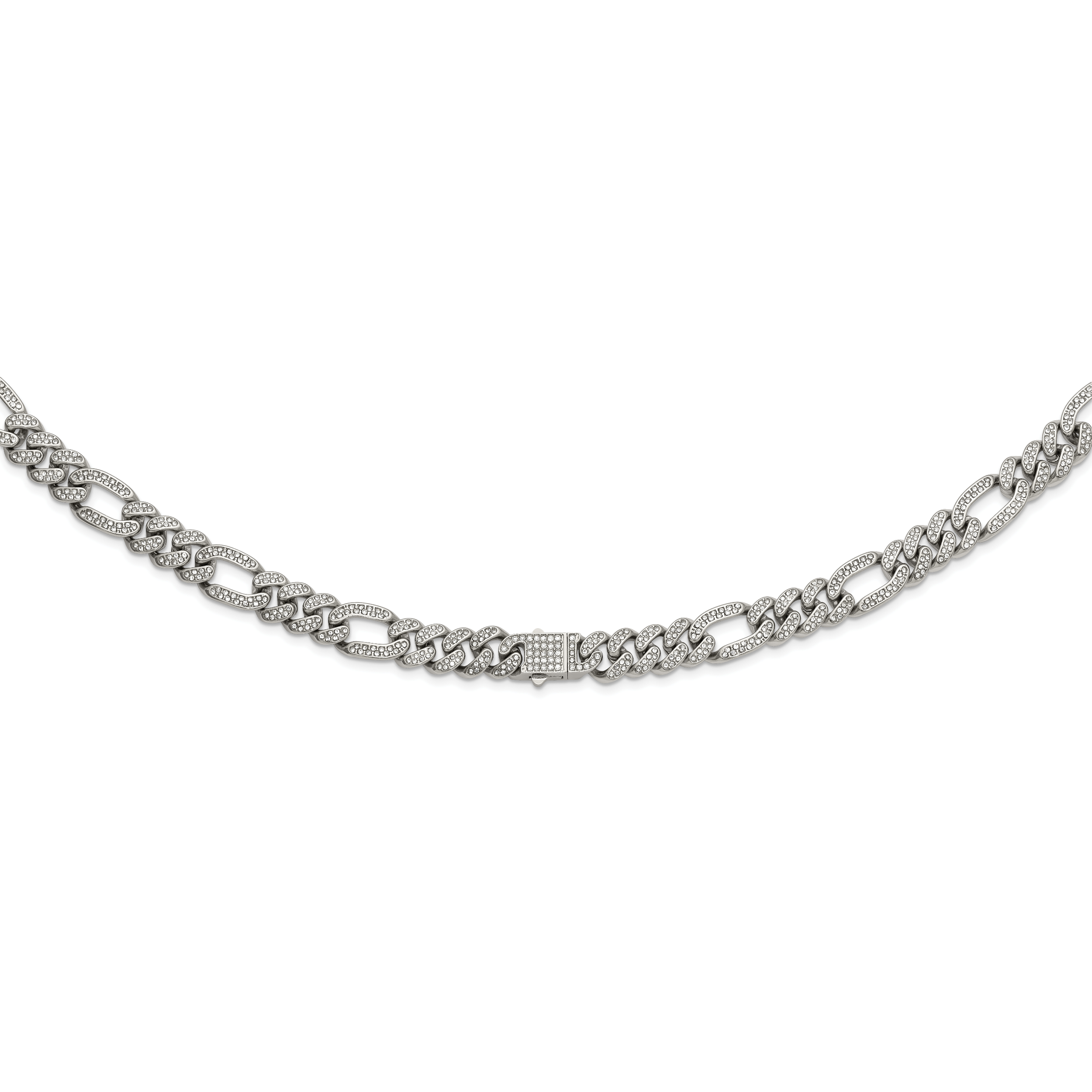 Polished Crystal Stainless Steel Figaro Chain Necklace 12mm