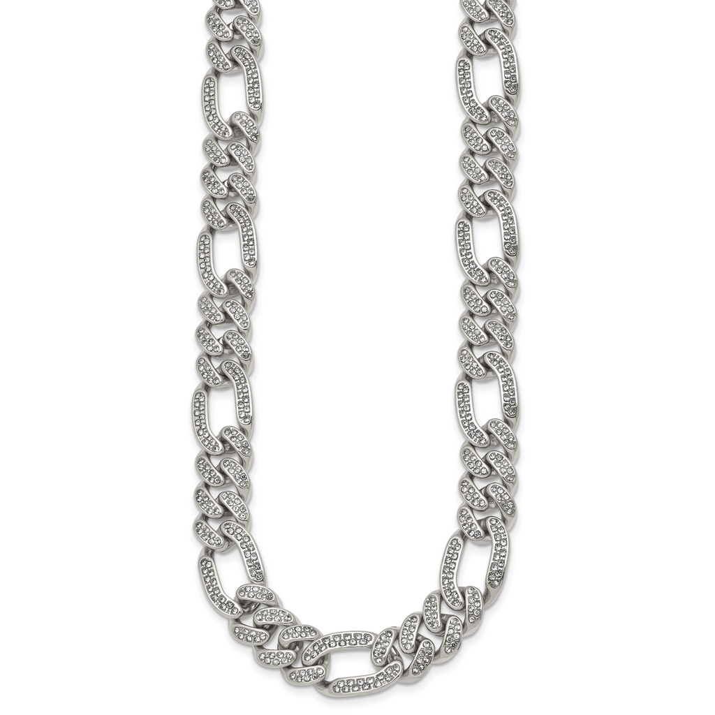 Polished Crystal Stainless Steel Figaro Chain Necklace 12mm